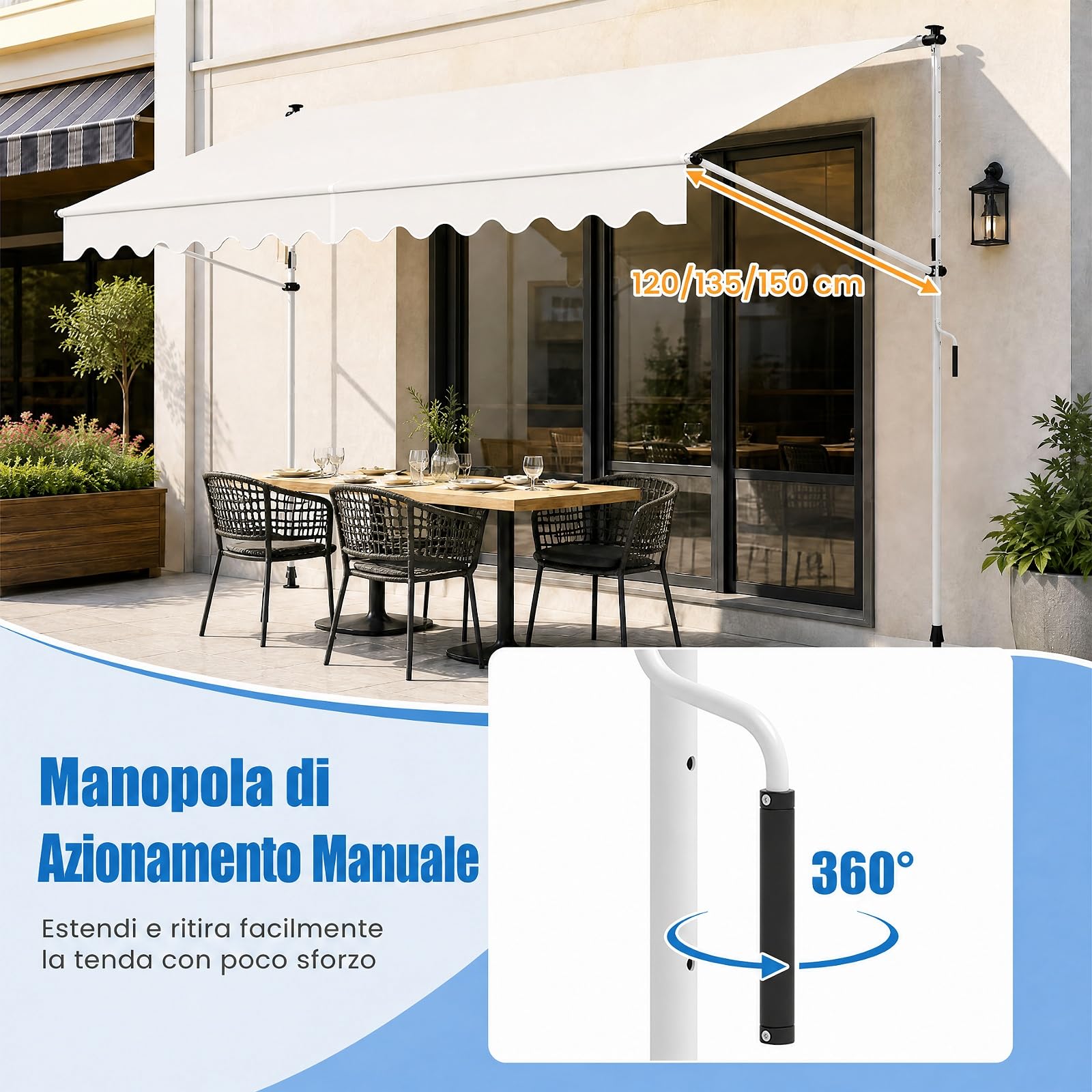 COSTWAY Tenda da Sole a Morsetto, Tenda per Balcone Senza Foratura Altezza e Inclinazione Regolabili con Manovella, Telo Impermeabile e Resistente ai Raggi Solari e Telaio Antiruggine (4M,Bianco)