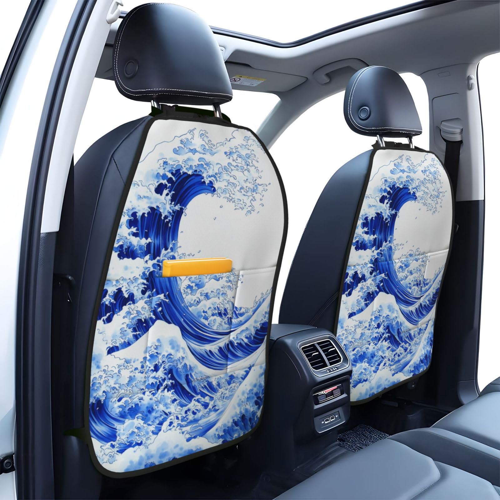 Blue Wawes Of Water Japannese Stamps Style Car Seat Back Kick Protectors,2 Pack Kick Mats With Storage Pockets For Vehicles To Protect From Dirt Mud Scratches