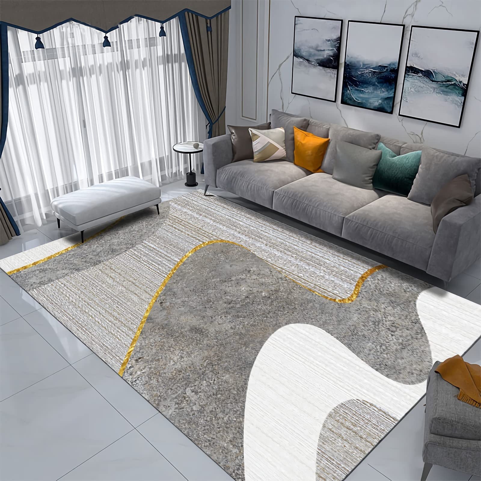 Tapis lavable en machine géométrique gris jaune moderne 120x160