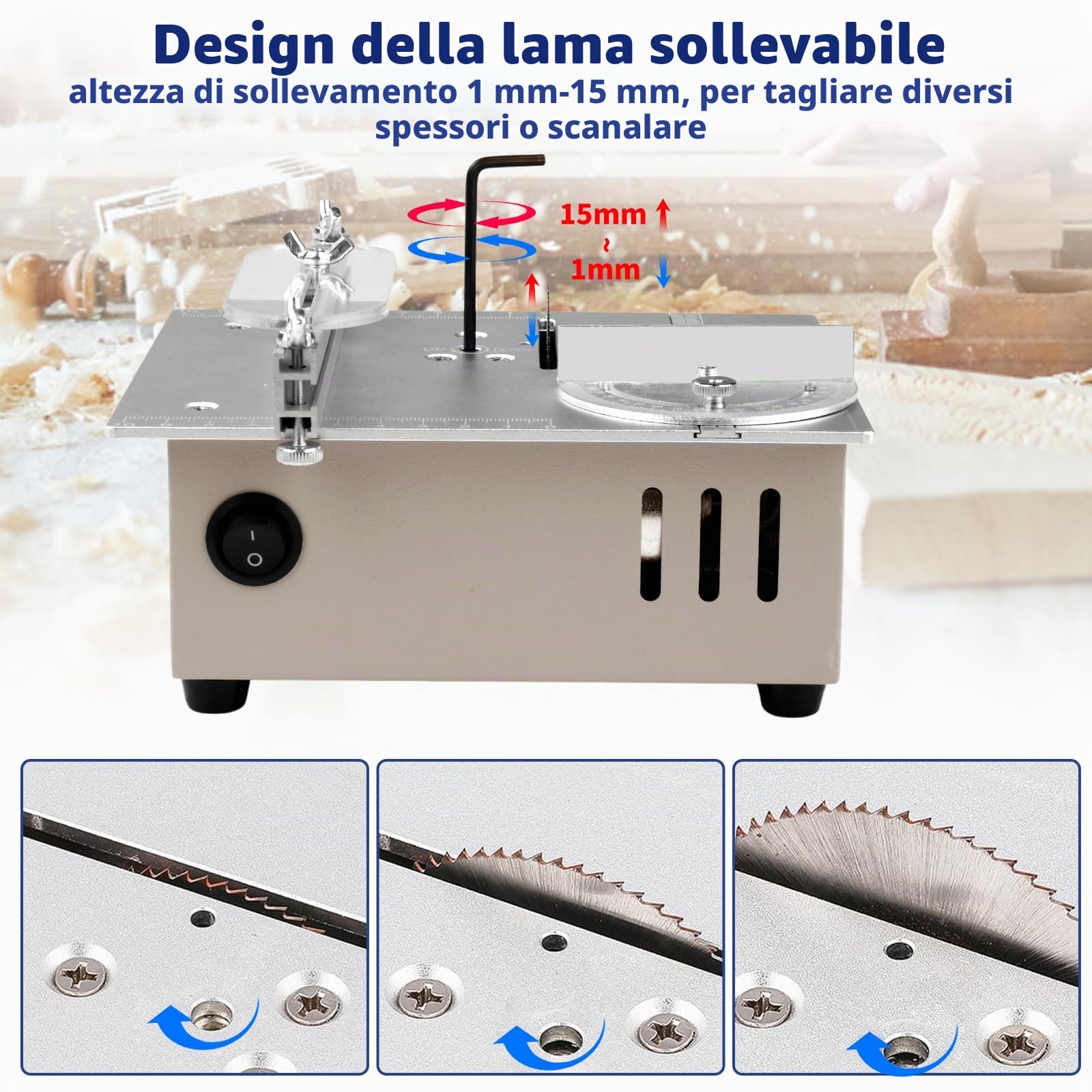 Mini sega circolare da tavolo con 4 lame, alimentazione a 7 velocità 96W Sega circolare di precisione portatile, lama da 0-15 mm Altezza regolabile per bricolage, legno, modellismo