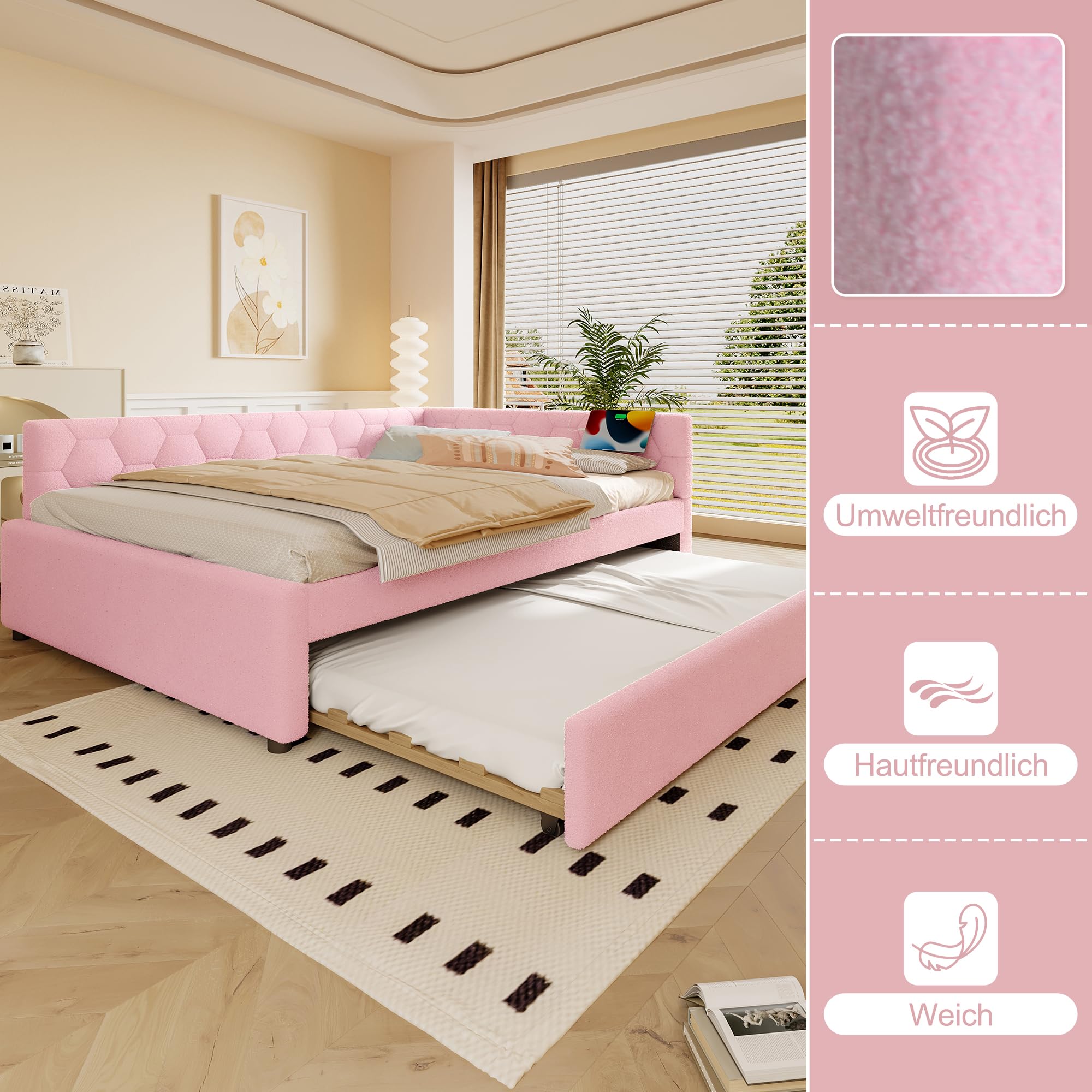 Letto Tessile 140x200cm con Sommier a doghe stabili e Struttura Letto Matrimoniale fissa divano piattaforma in legno mdf estensibile secondo letto estraibile tessuto Rosa