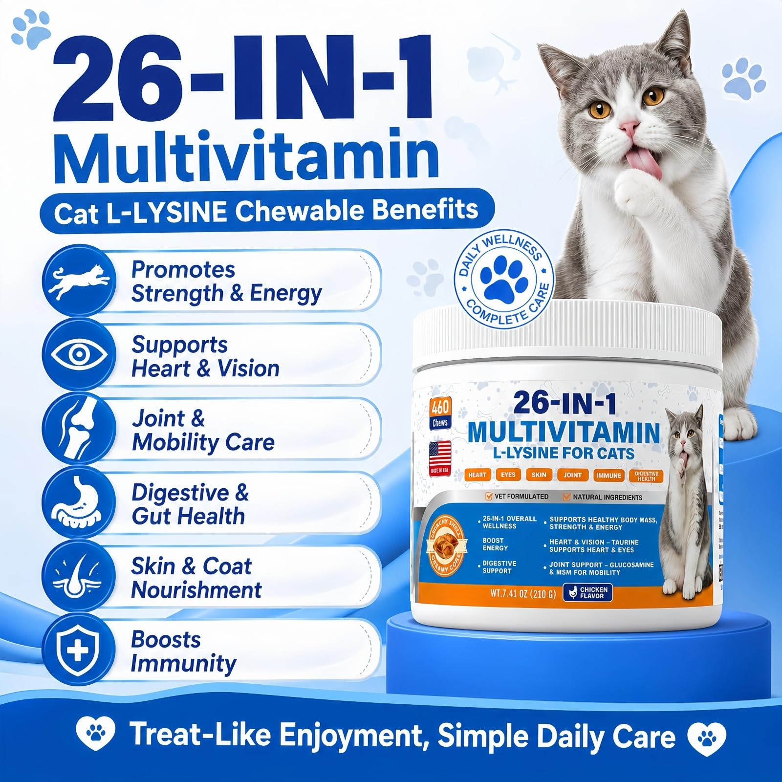 Cat Multivitamin Treats 26-in-1 Taurine for Cats with Lysine Turmeric MSM Glucosamine Omega for Immune Support, Skin & Coat Health, Hip, Joint, Heart, Eyes, Cat Vitamins for Indoor Cats — Amazon image 2