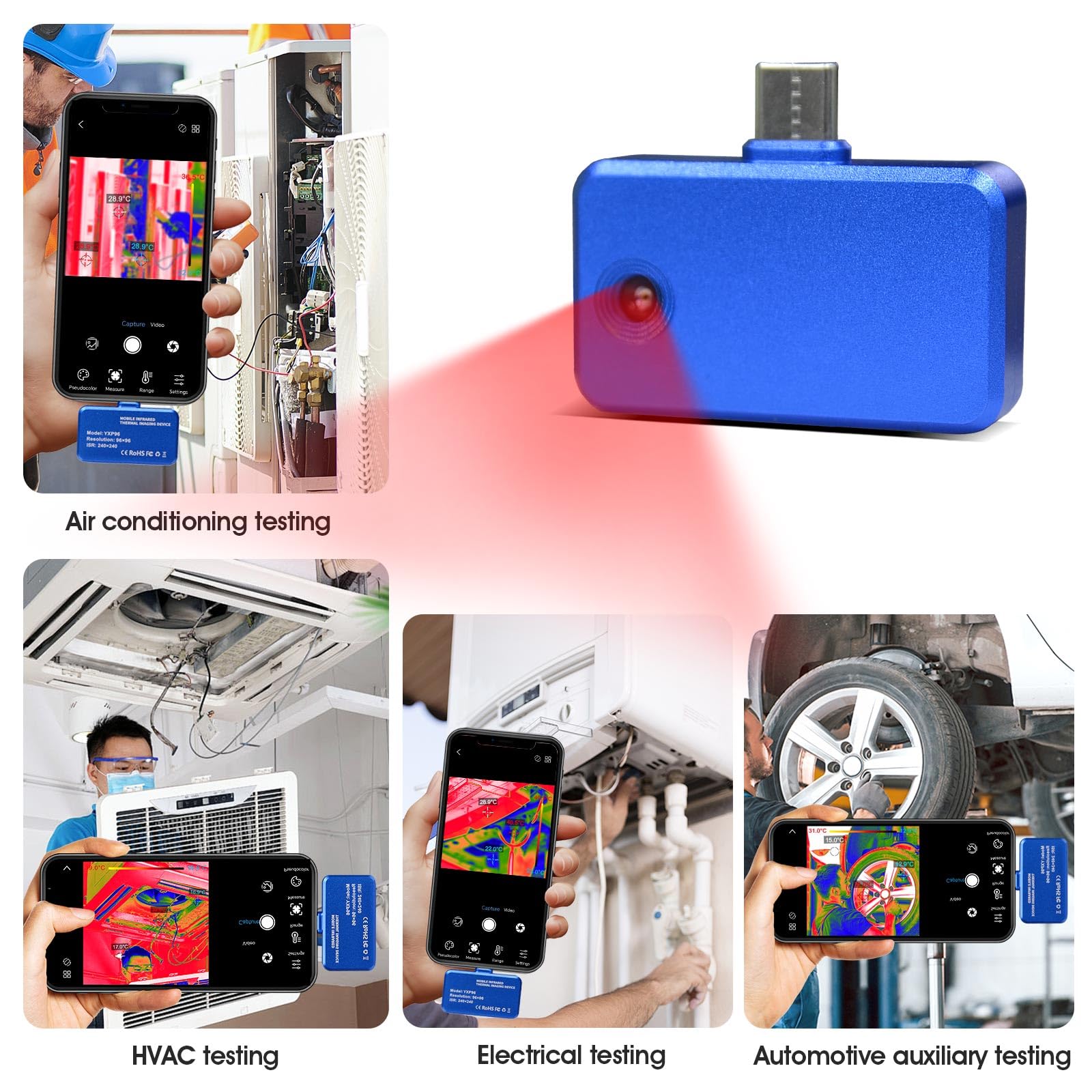 YXP96 - Cámara térmica térmica por infrarrojos para smartphone, resolución de 96 × 96, medición de temperatura de -20 °C a 550 °C, frecuencia de imagen de 25 Hz, puerto USB-C, Android OTG, Plug and