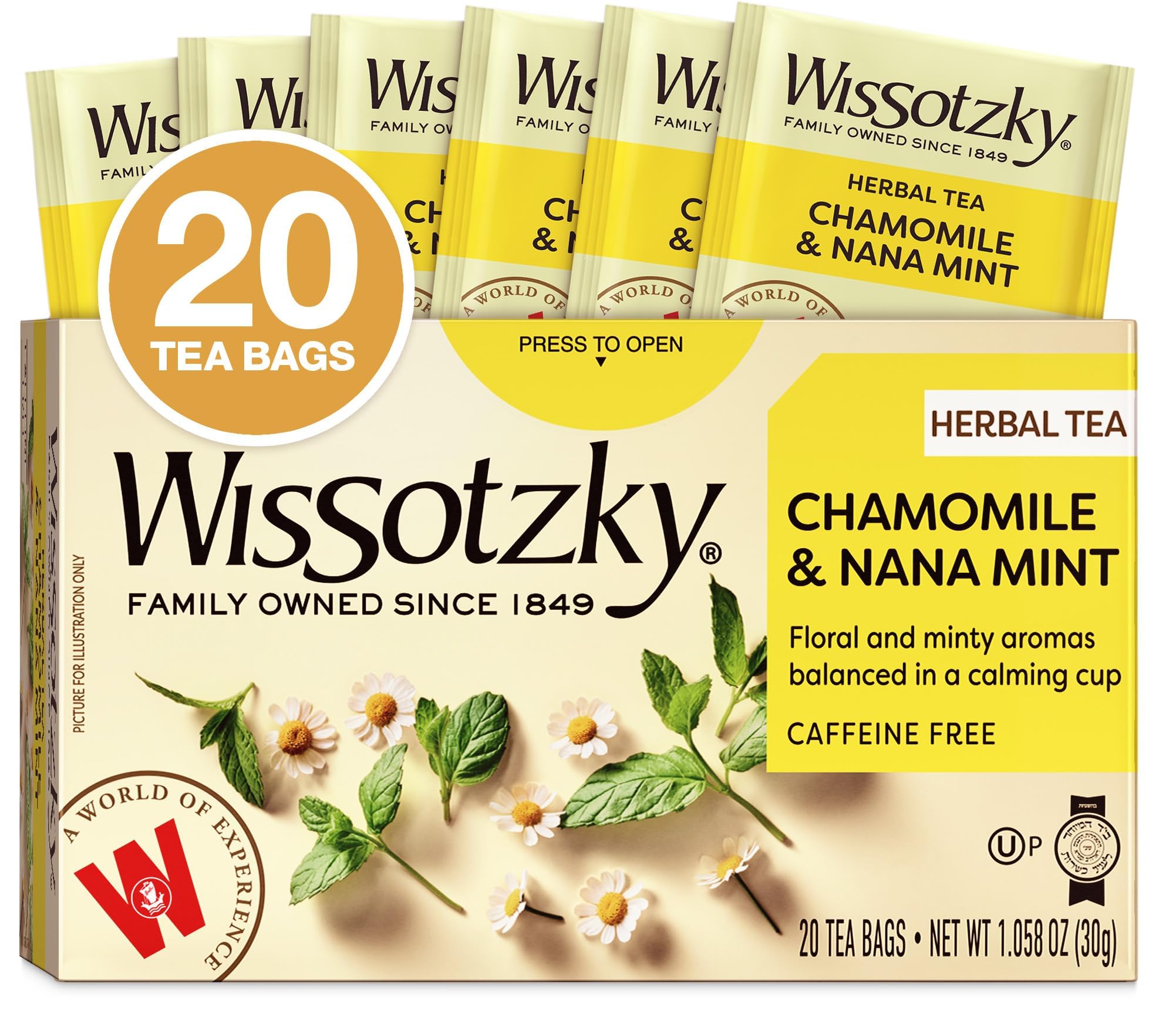 Wissotzky Chamomile Tea with Nana Mint, Herbal Tea, 20 Tea Bags | Caffeine Free | Soothing Blend | Sleep Support