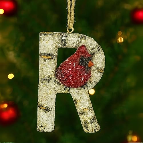 Letra cardenal inicial para árbol de Navidad con pájaros cardenales en abedul, decoración para árbol de Navidad, recuerdo para la familia (letra R)