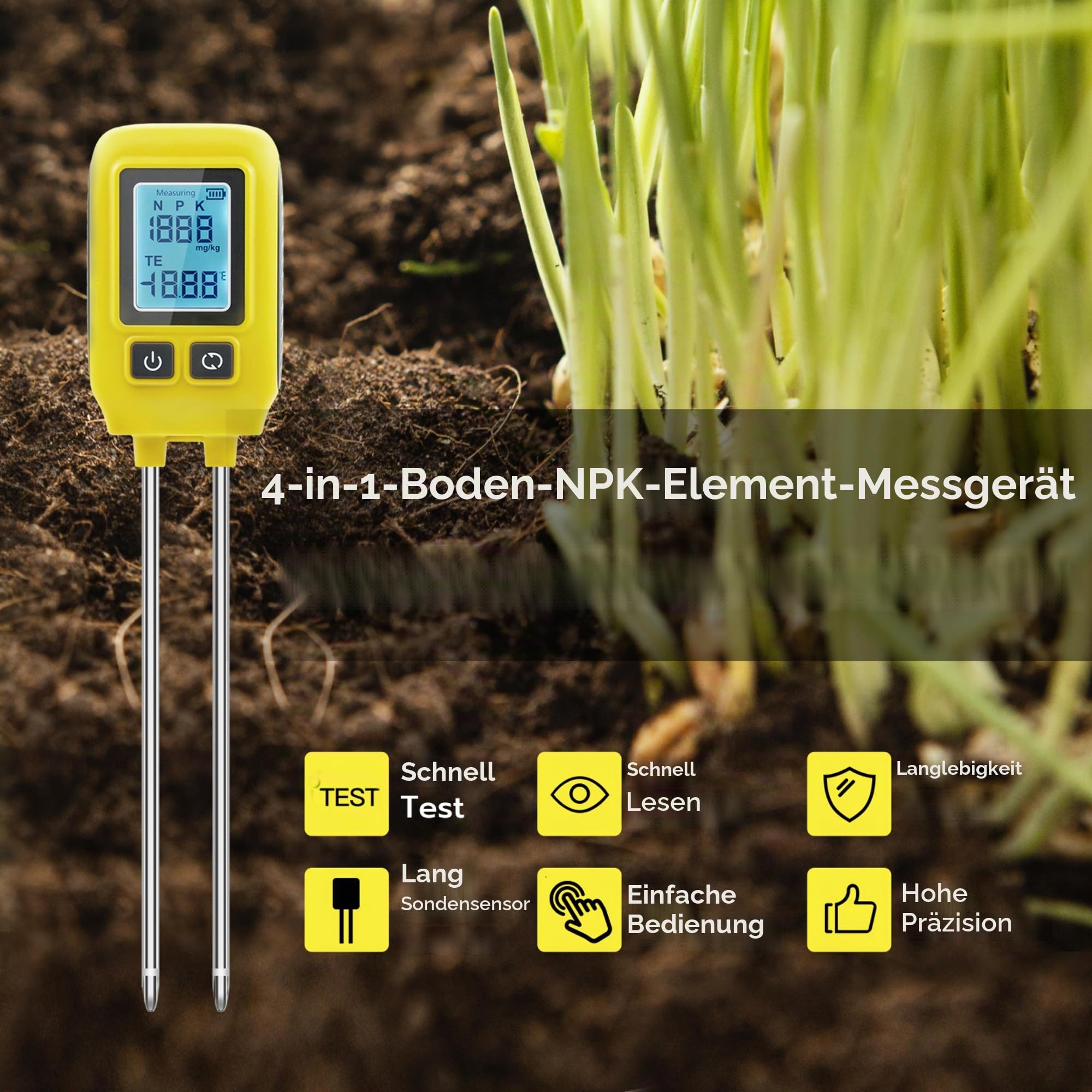 Mcbazel NPK Bodentester, 4-in-1 Bodenmessinstrument P/N/K Spurenelementdetektor, Grünpflanzen Boden Gesundheits-Elementerkennung für Bodenstickstoff/Phosphor/Kalium/Temperatur