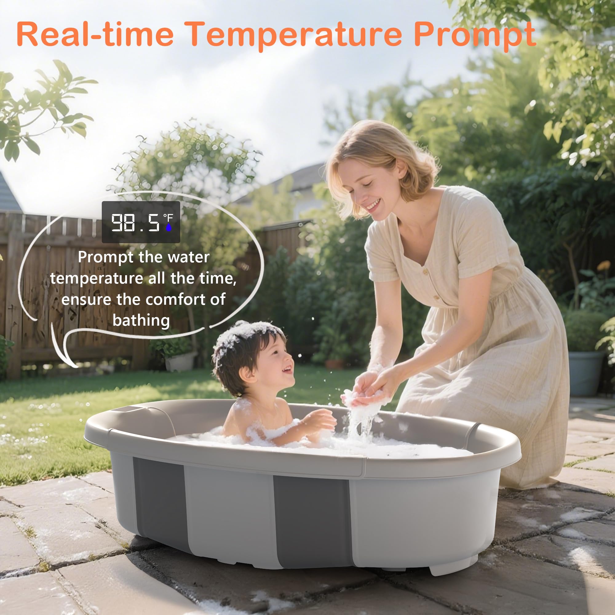 Bañera plegable para bebé, bañera grande con termómetro y cojín, bañera portátil de viaje para recién nacidos, bañera plegable para bebés de 0 a 36 meses (gris)