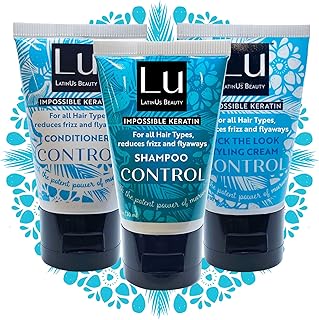 Lu LatinUs Beauty CONTROL Travel Size Anti-Frizz Vegan Keratin Hair Collection: Natural Murumuru Butter Shampoo + Conditioner + Styling Cream for All Hair Types (1oz each), Reduces Frizz and Flyaways