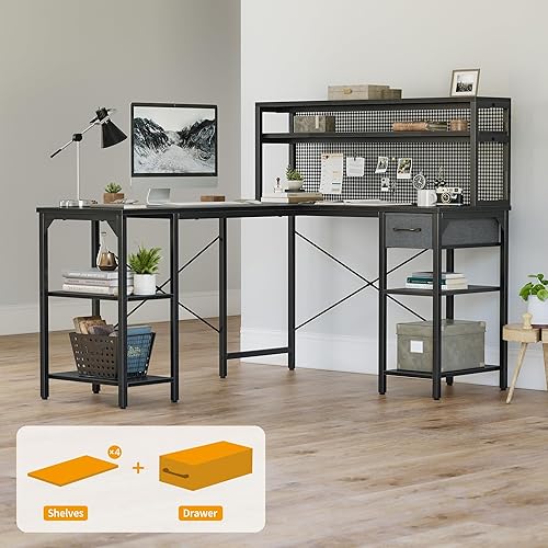 Miniatura 12 de CubiCubi Escritorio en forma de L con gabinete, escritorio de esquina de 58 pulgadas con cajón, mesa de juegos para oficina en casa, estación de