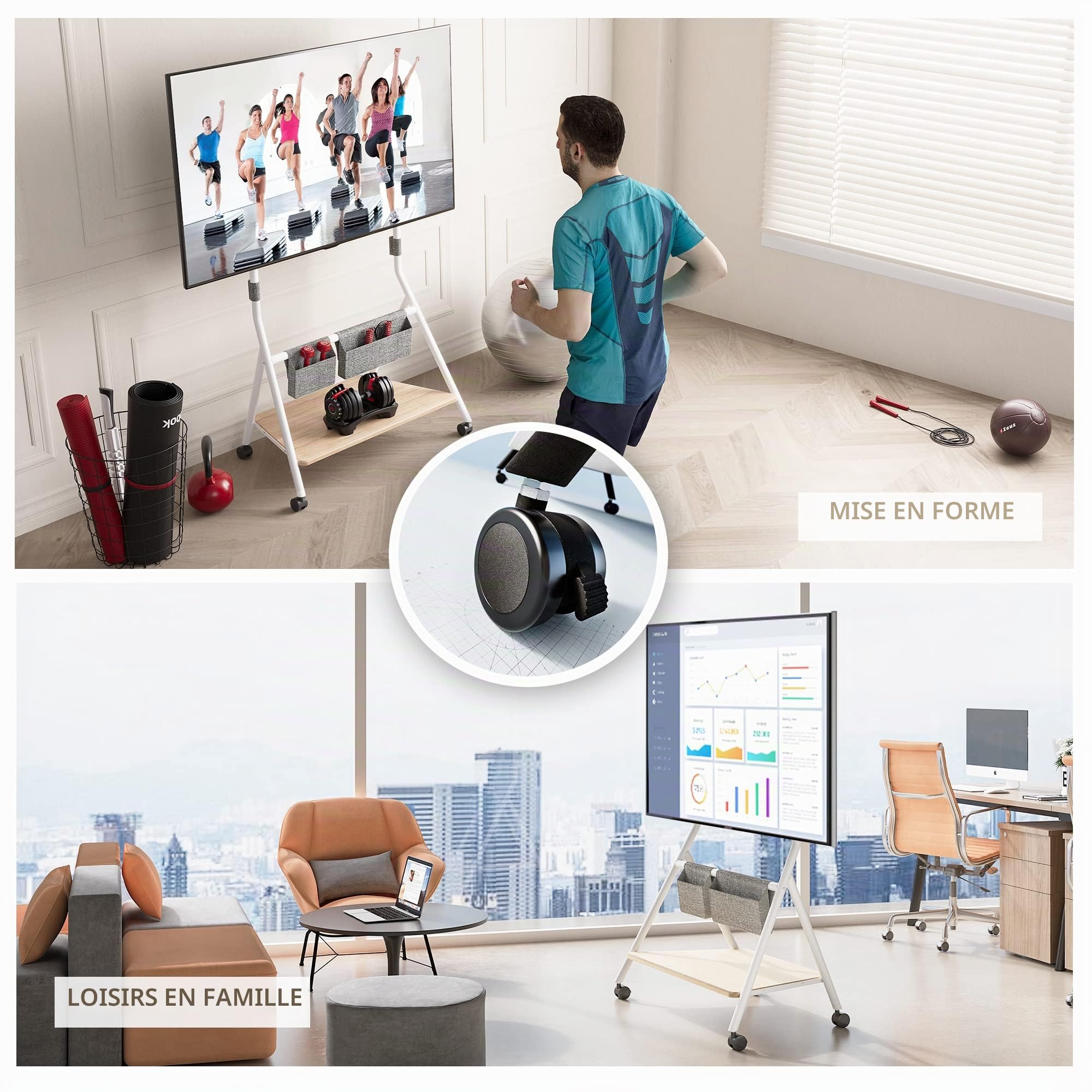 FITUEYES Support TV roulettes pour TV 55 60 65 75 78 Pouces Hauteur Réglable 1100-1300mm avec Sac de Rangement pour Maison, Salon, Conférence Série Collector