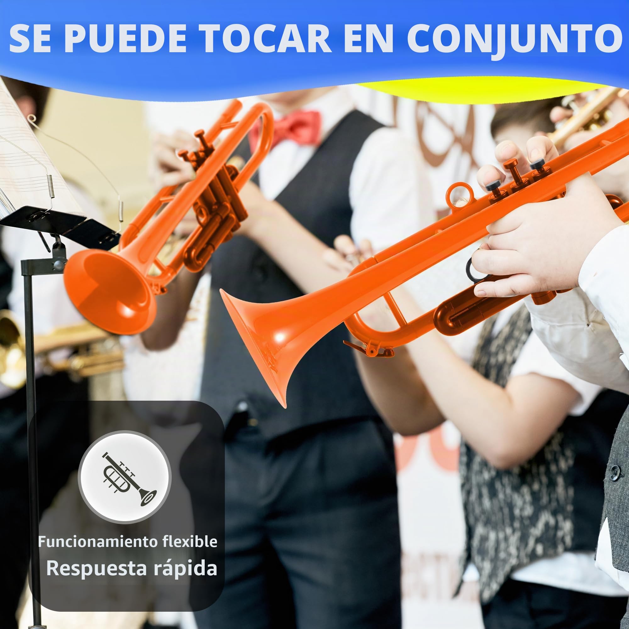 PAMPET Juego de trompeta profesional de plástico para estudiantes principiantes con boquilla 7C y boquilla 3C, instrumento de trompeta Bb naranja