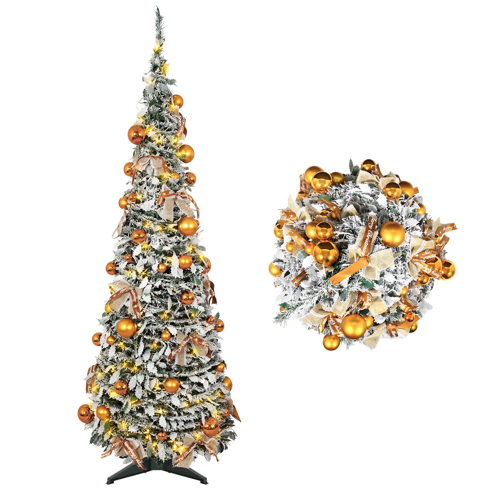 AGM 6ft Pop-Up Snow Flocked Artificial Christmas Tree, Pre-Lit Xmas Tree
