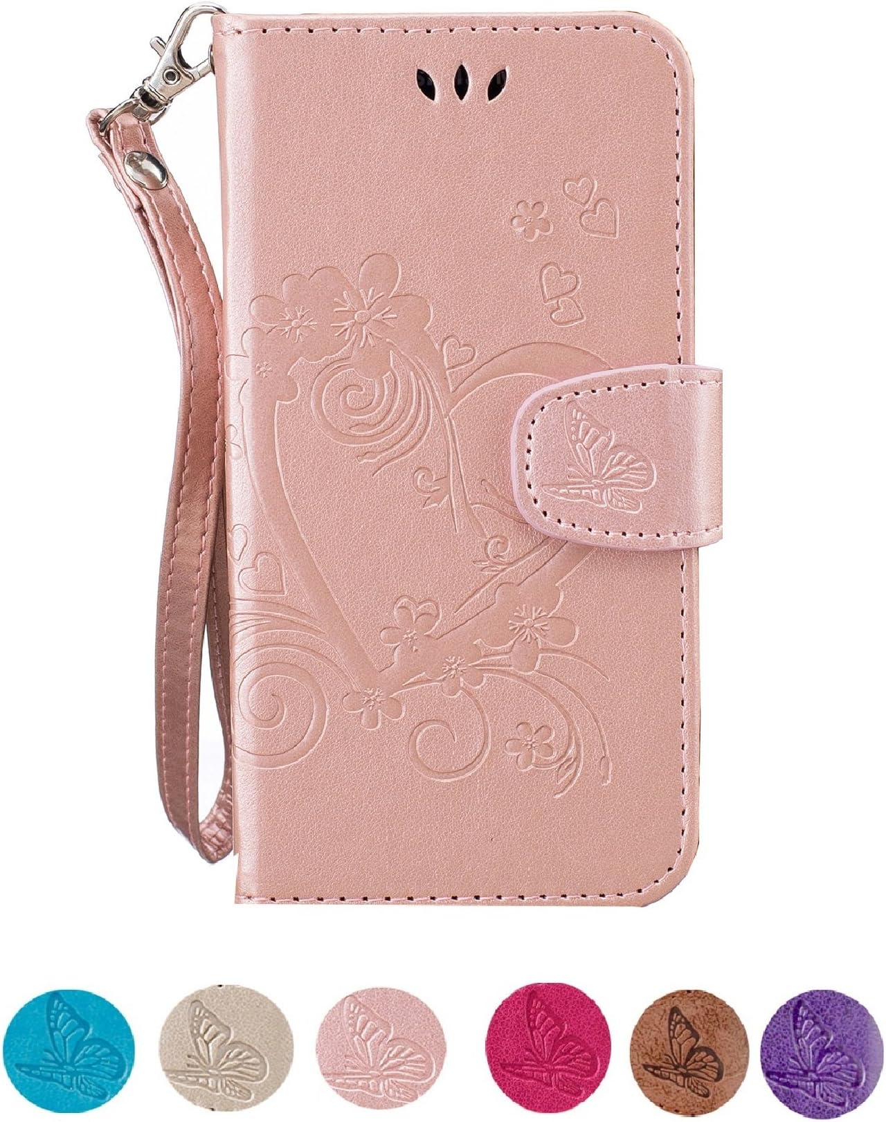 CXTcase Samsung Galaxy S5 Case, Samsung S5 Neo Flip Wallet Leather Phone Case with Card Holder Magnetic Cover for Samsung Galaxy S5 / S5 Neo Butterfly Floral Pattern, Rose Gold