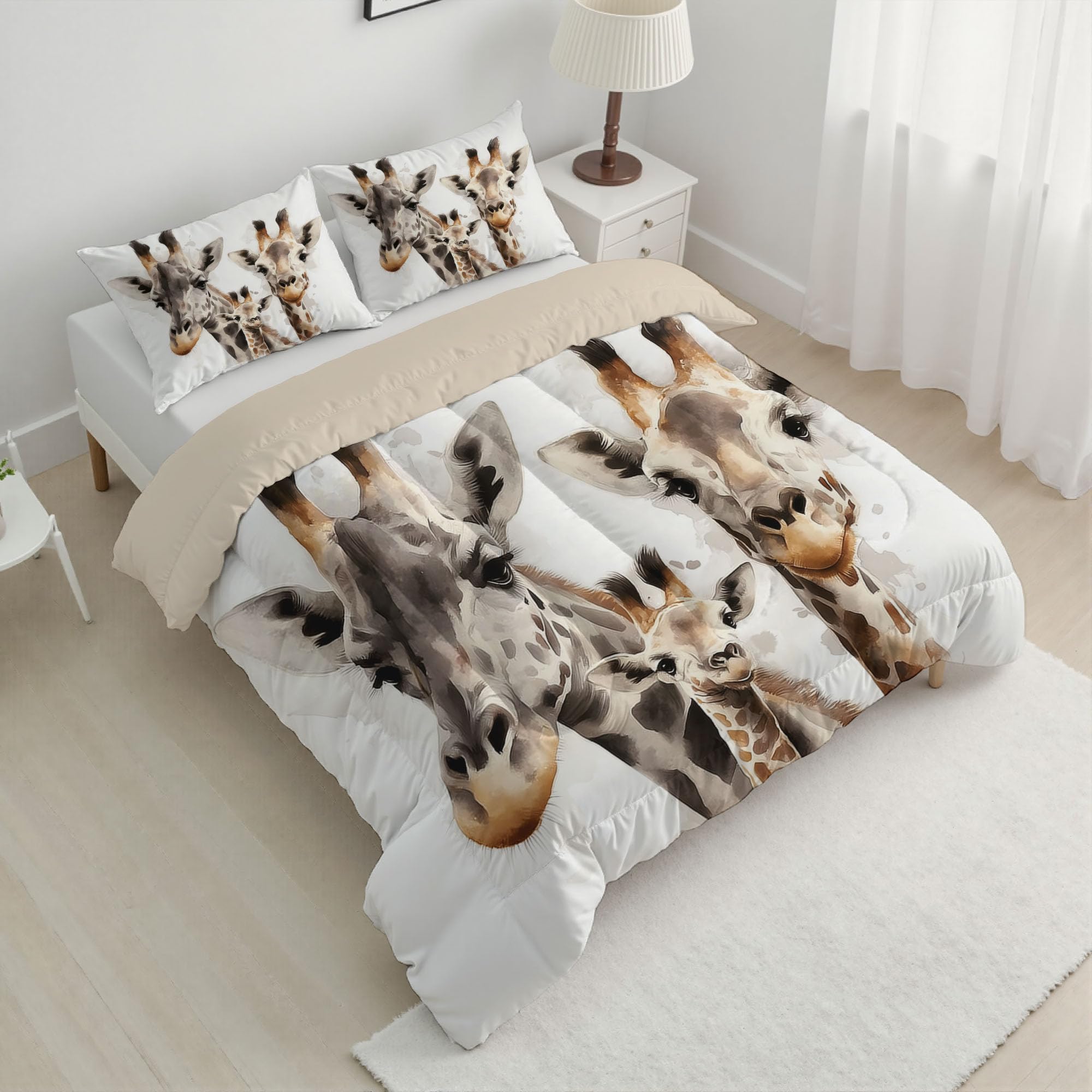 Couette 260 x 230 cm imprimée girafe mignonne 4 saisons et ses taies 65x65