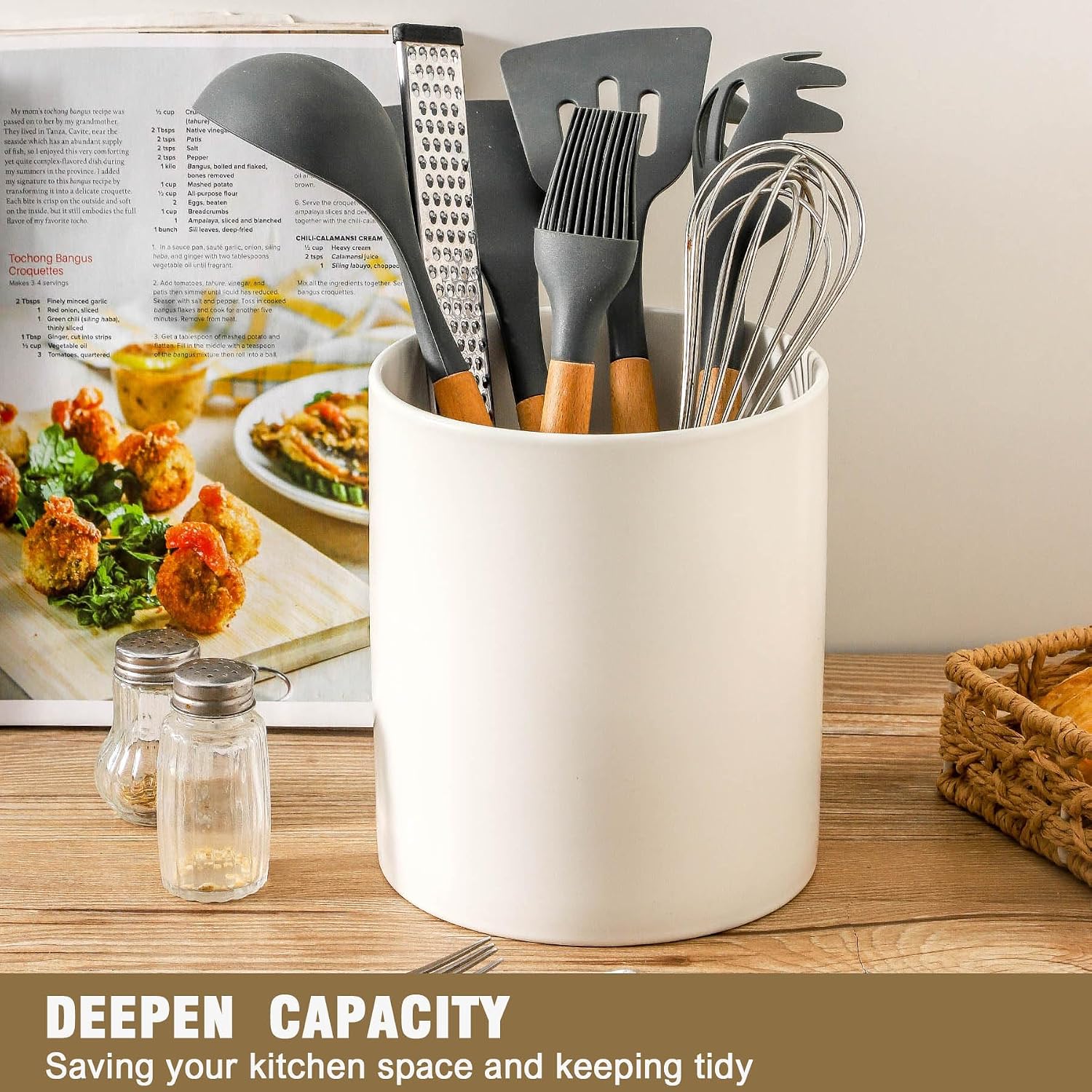 7" White Utensil Holder, Large Kitchen Utensil Holder Organizer , White Stable Utensil Crock Spatula Holder for Kitchen Counter Countertop Farmhouse Cooking Tools Holder image 3