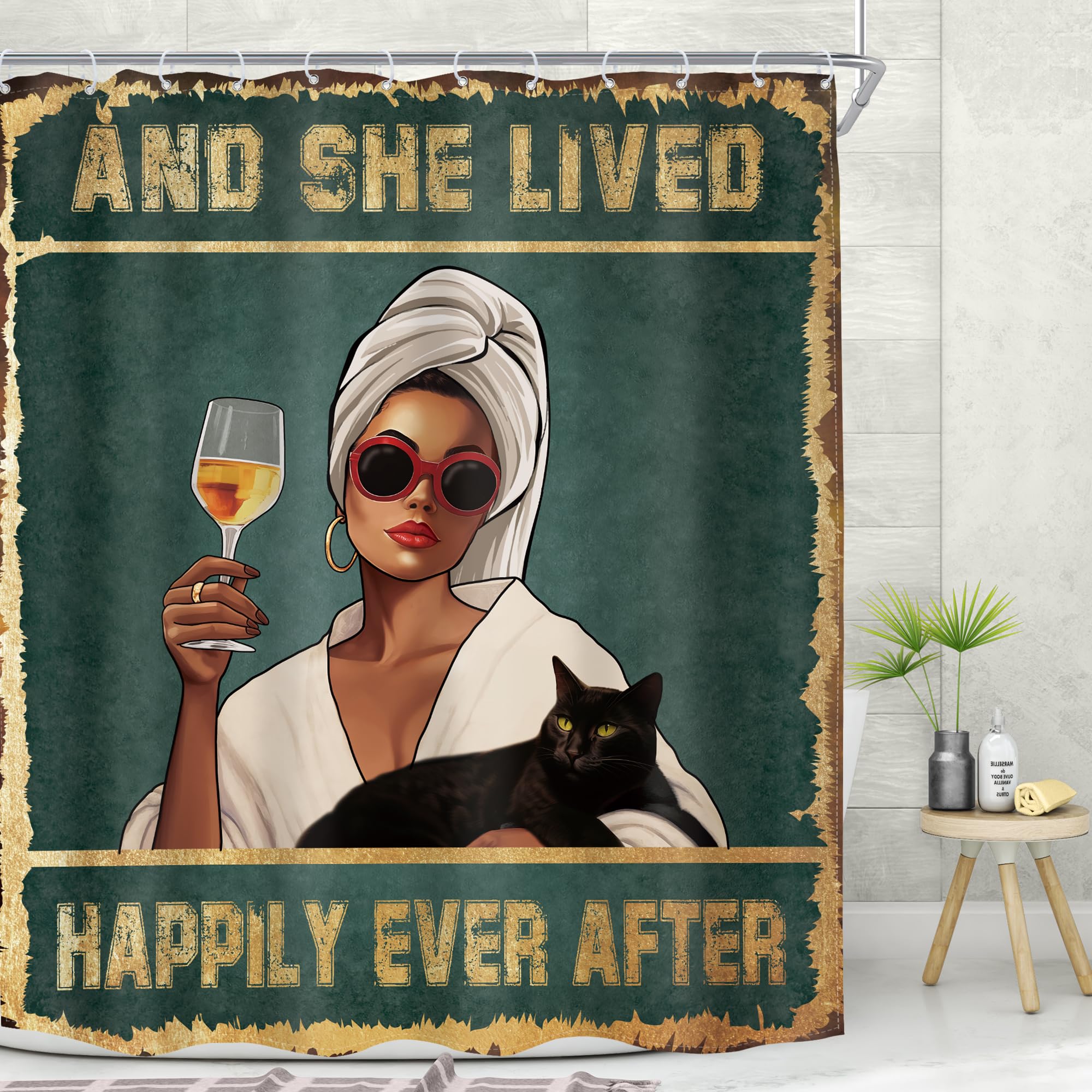 MESHELLYMESHELLY African American Shower Curtain 60Wx72H Retro Black Girl Cute Cat Vintage Black Woman Wine Bathroom Curtain Positive Quotes Bath Curtain Modern Elegant Afro Lady Bathroom Decor with 12 Hooks