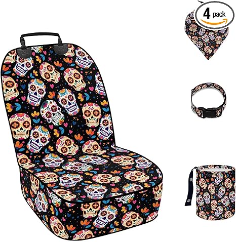 Sugar Skull 4 PCS Car Seat Cover Dog Seat Cover for Front Seat Dog Bandanas Collar Strap Car Garbage Can Large Capacity Cars Accessories for Truck SUV