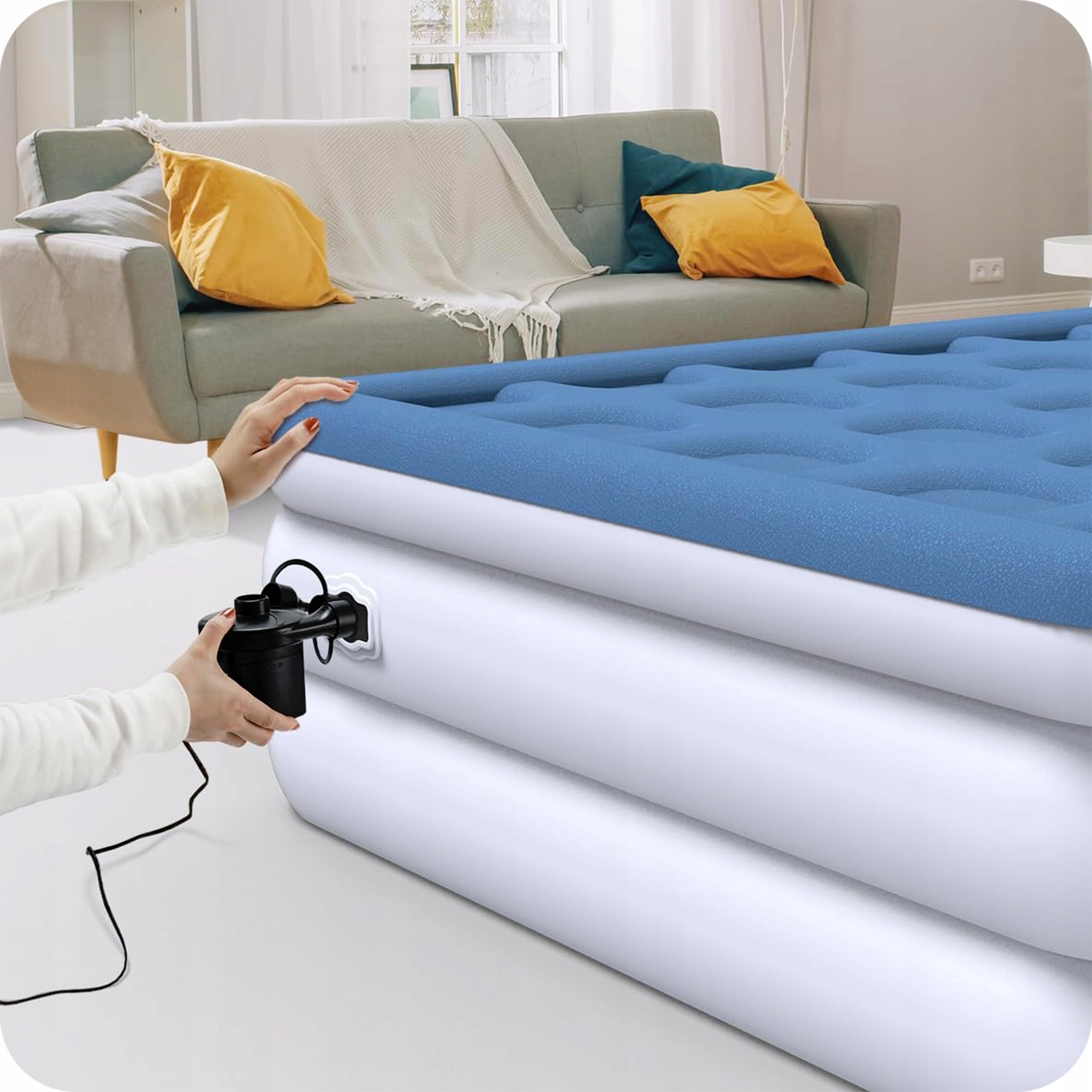 KRUMAD Pompa ad aria elettrica 12 V/230 V 50 W - Pompa a doppia funzione con funzione di gonfiaggio e spurgo - 3 teste per materasso ad aria, piscina, gommoni, letti ad aria e giocattoli
