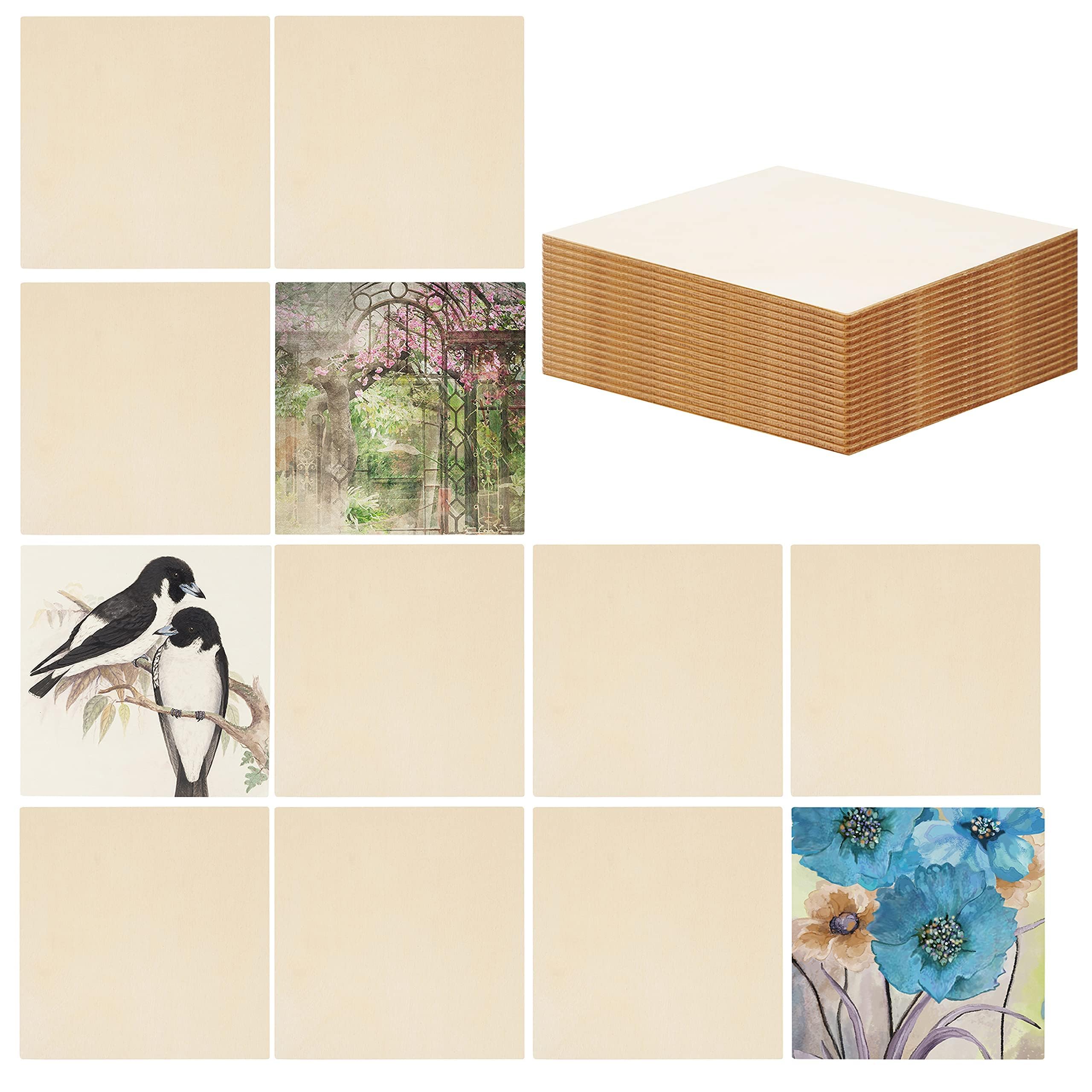30 Pack Unfinished Blank Wood Squares - 10 x 10cm / 4 x 4 Inches - 2.5mm Thick Wooden Plain Square Pieces for DIY Coasters, Crafts, Painting and Pyrography Burning