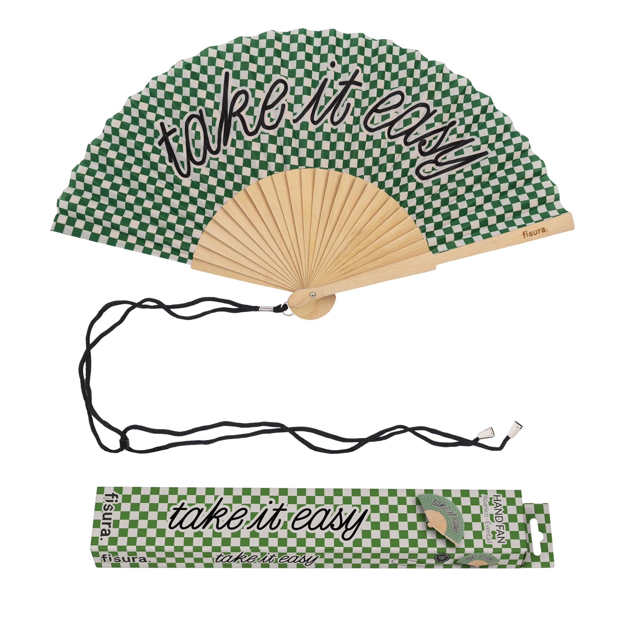 Fisura – Original “Take It Easy” Message Folding Fan, Modern and Colourful Folding Handheld Fan, Green Design for Wedding, Rave, Festival - Includes Strap. Size: 42.5 x 23 cm — image 1