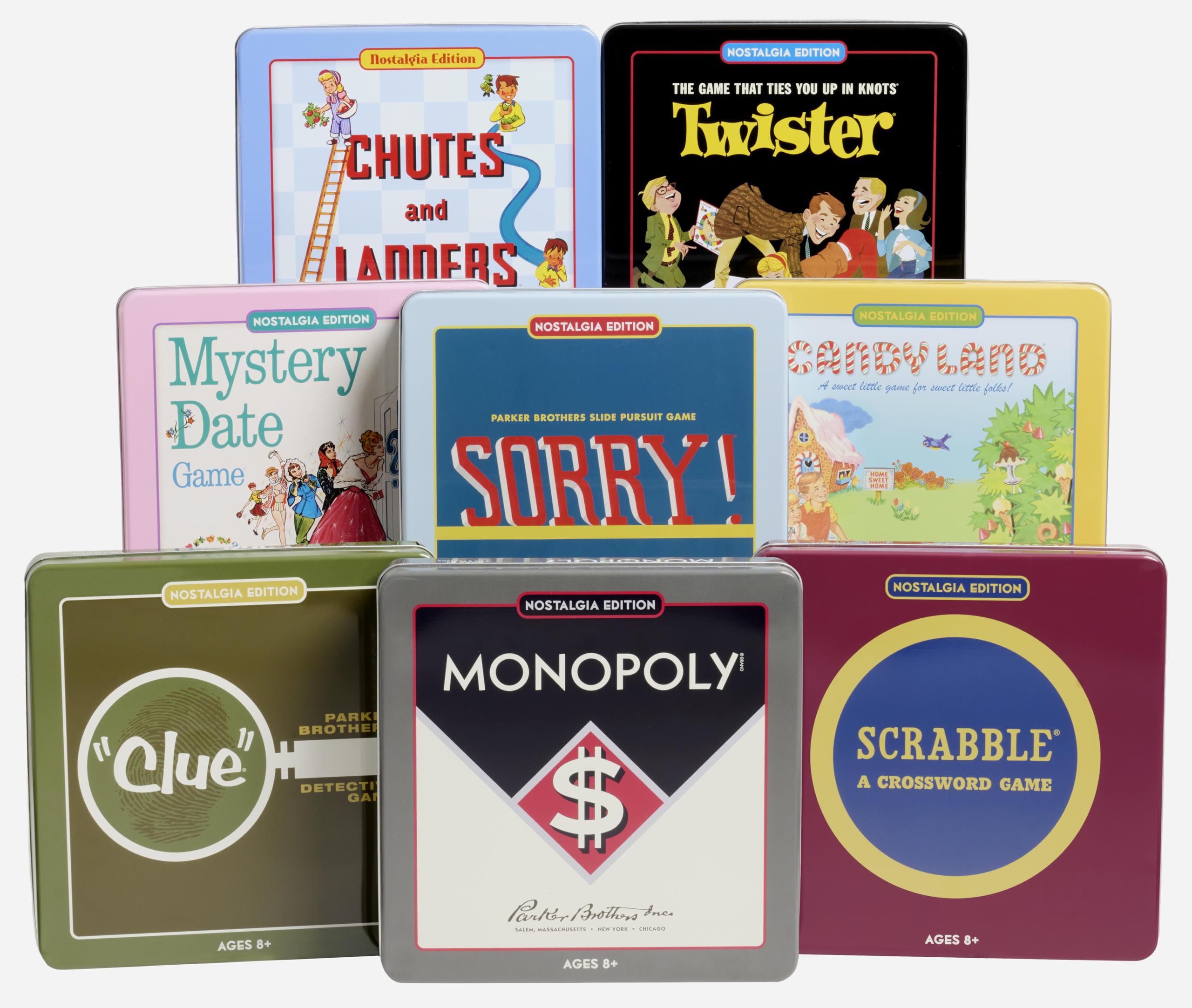 WS Game CompanyComplete Nostalgia Tin Collection of Classic Board Games Including Scrabble, Monopoly, Clue, Mystery Date, Candy Land, Chutes and Ladders, Sorry, and Twister