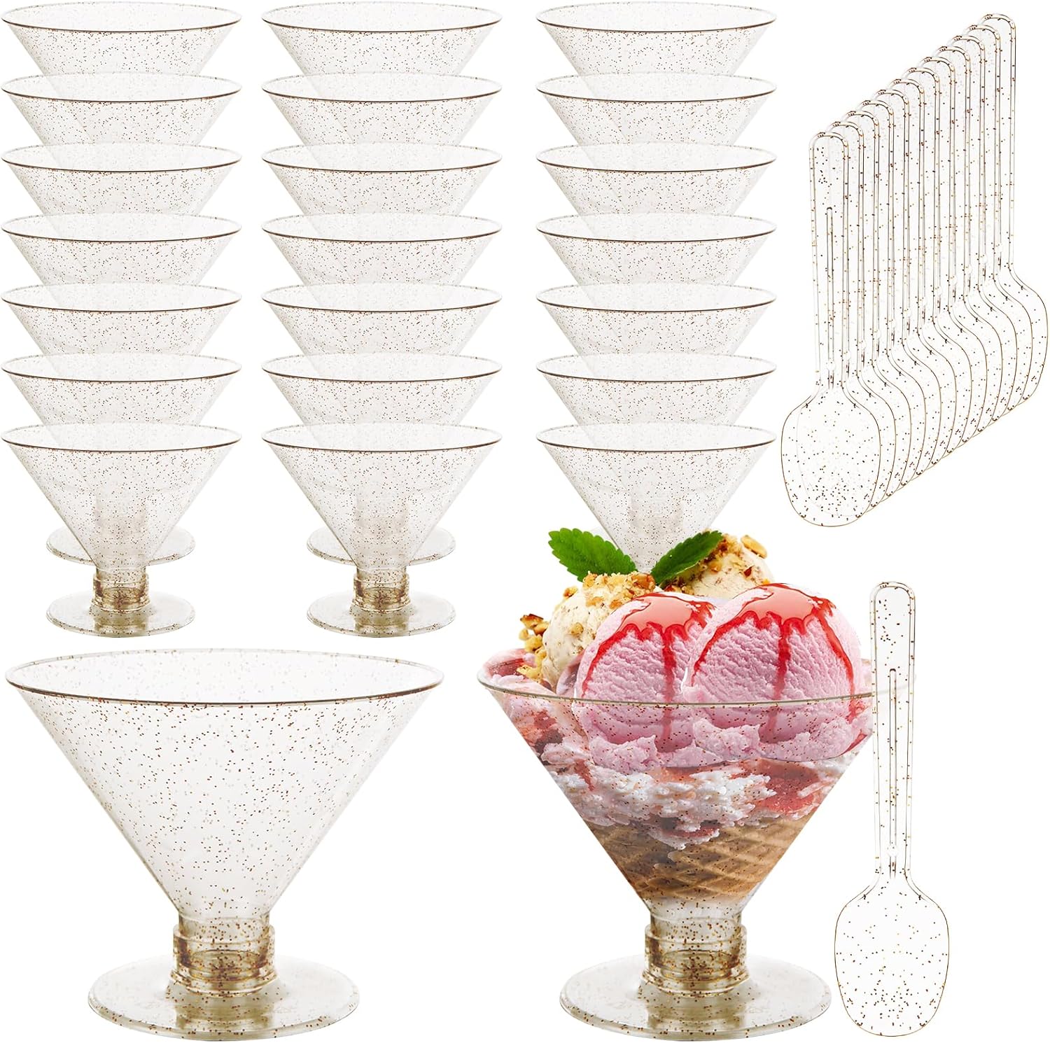 200Pcs Plastic Martini Glasses Disposable, 5 oz Martini Glasses Disposable, Reusable Martini Plastic Cup with Spoons for Party, Parfait, Ice Creams Pool Party Decorations