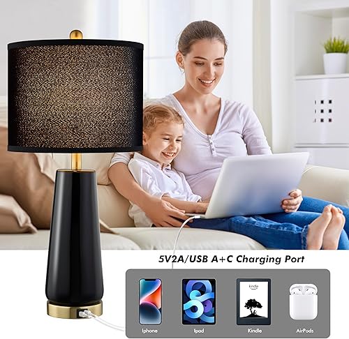 Miniatura 7 de Oetema Juego de 2 lámparas de mesa táctiles de 27 pulgadas con puertos USB A+C, lámparas de mesa de cerámica regulables de 3 vías para sala de estar