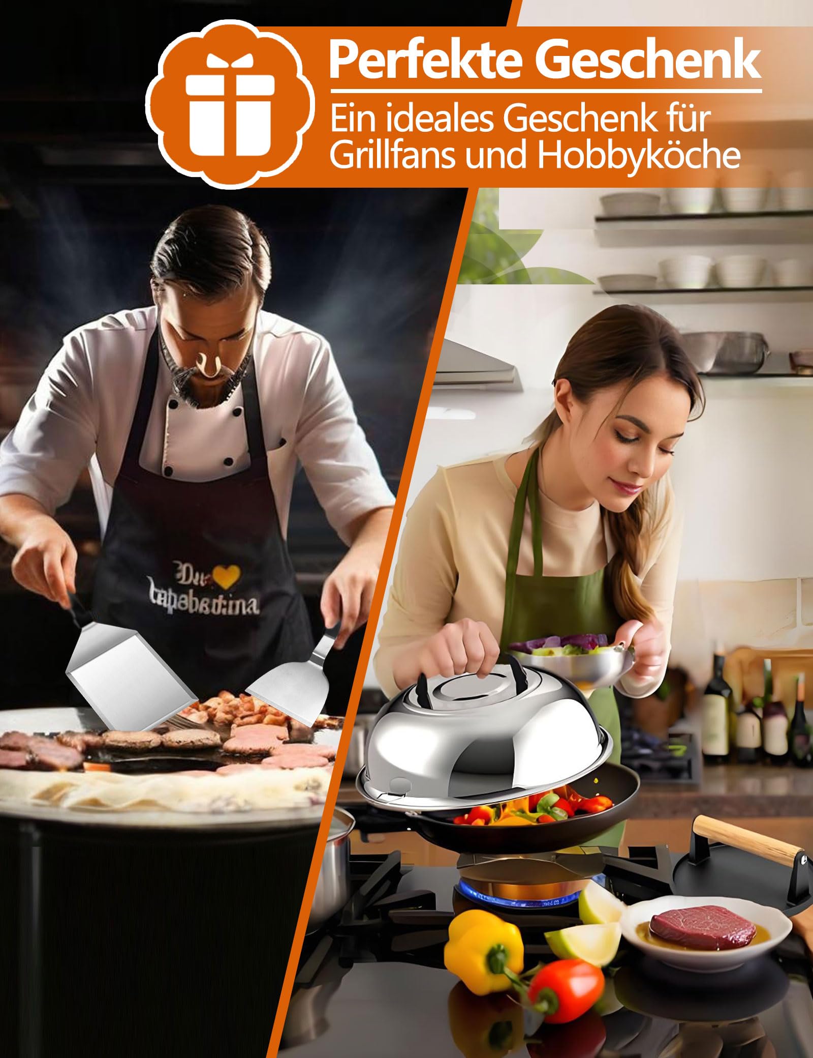Kit Accessori Barbecue con Grande Pressa Hamburger, Spatola Cucina Acciaio Inox, Spatole per Hamburger, Burger Dome, BBQ Regali per Uomini, Smash Burger Press Set Professionali per Planchas Teppanyaki