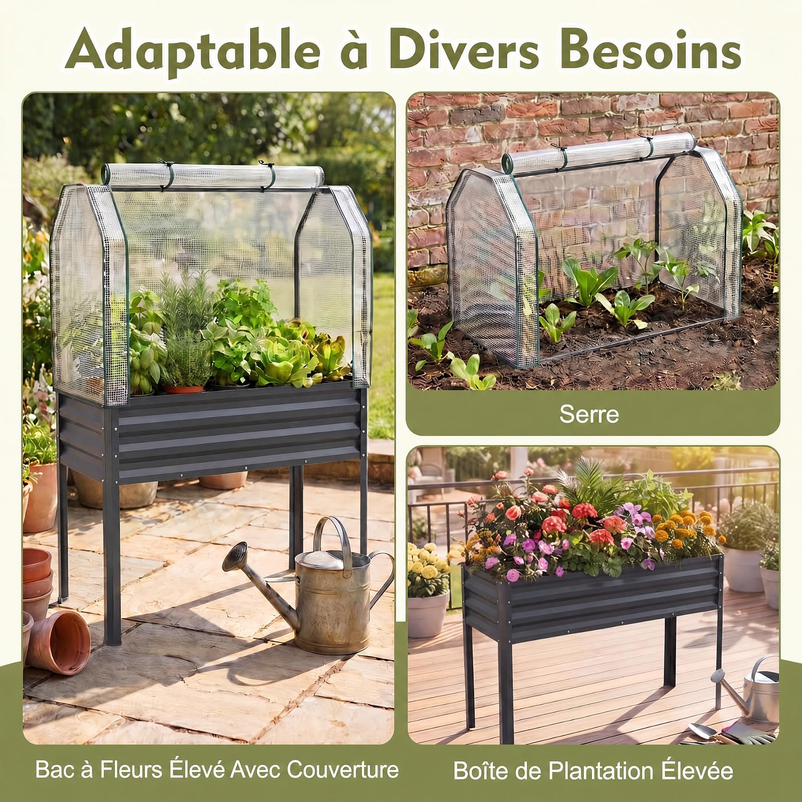 GOPLUS Jardiniere sur Pieds 3 en 1 avec Mini Serre, Carré Potager en Métal Galvanisé avec Porte Zippée Enroulable pour Jardin Balcon Patio, Bac de Culture 142L pour Légumes Herbes Fleurs (Gris)