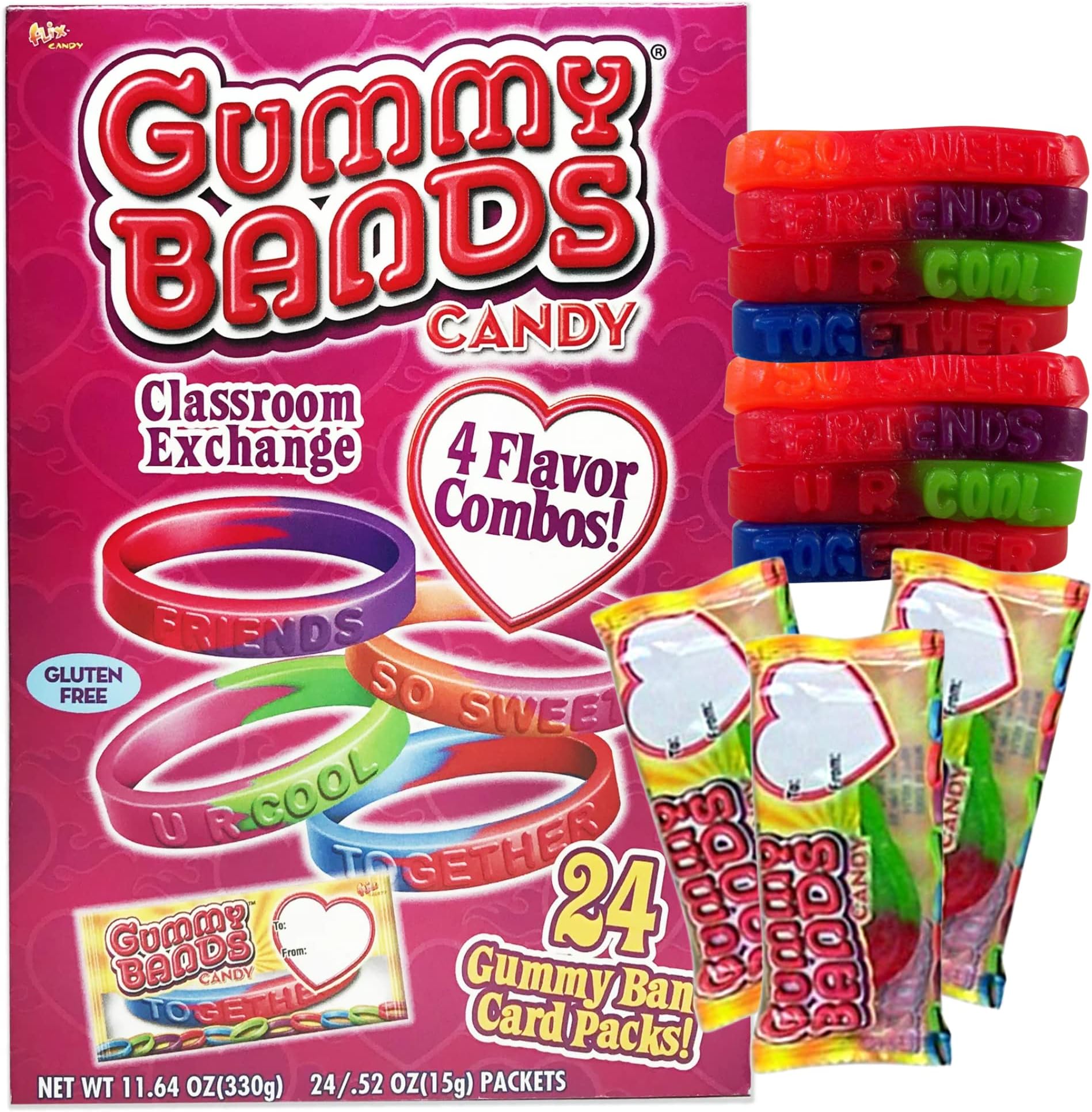 Flix Candy Gummy Bands Valentine's Treats Card Packs - 18 Count Pink Box