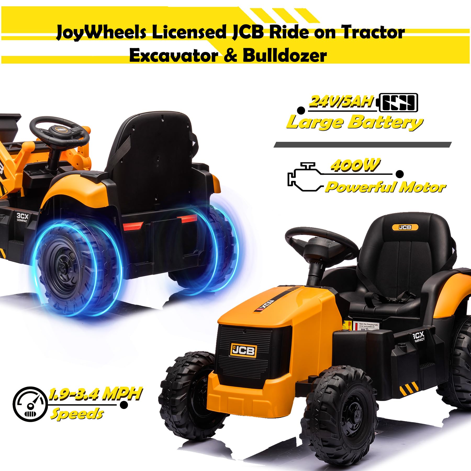 JoyWheels 24V 3 in 1 Ride on Tractor, Excavator & Bulldozer, Licensed JCB 400W Powerful Motor Electric Vehicle w/Front Loader, Shovel Bucket, Digger, Remote Control, Kids Ride on Car Toys, Yellow