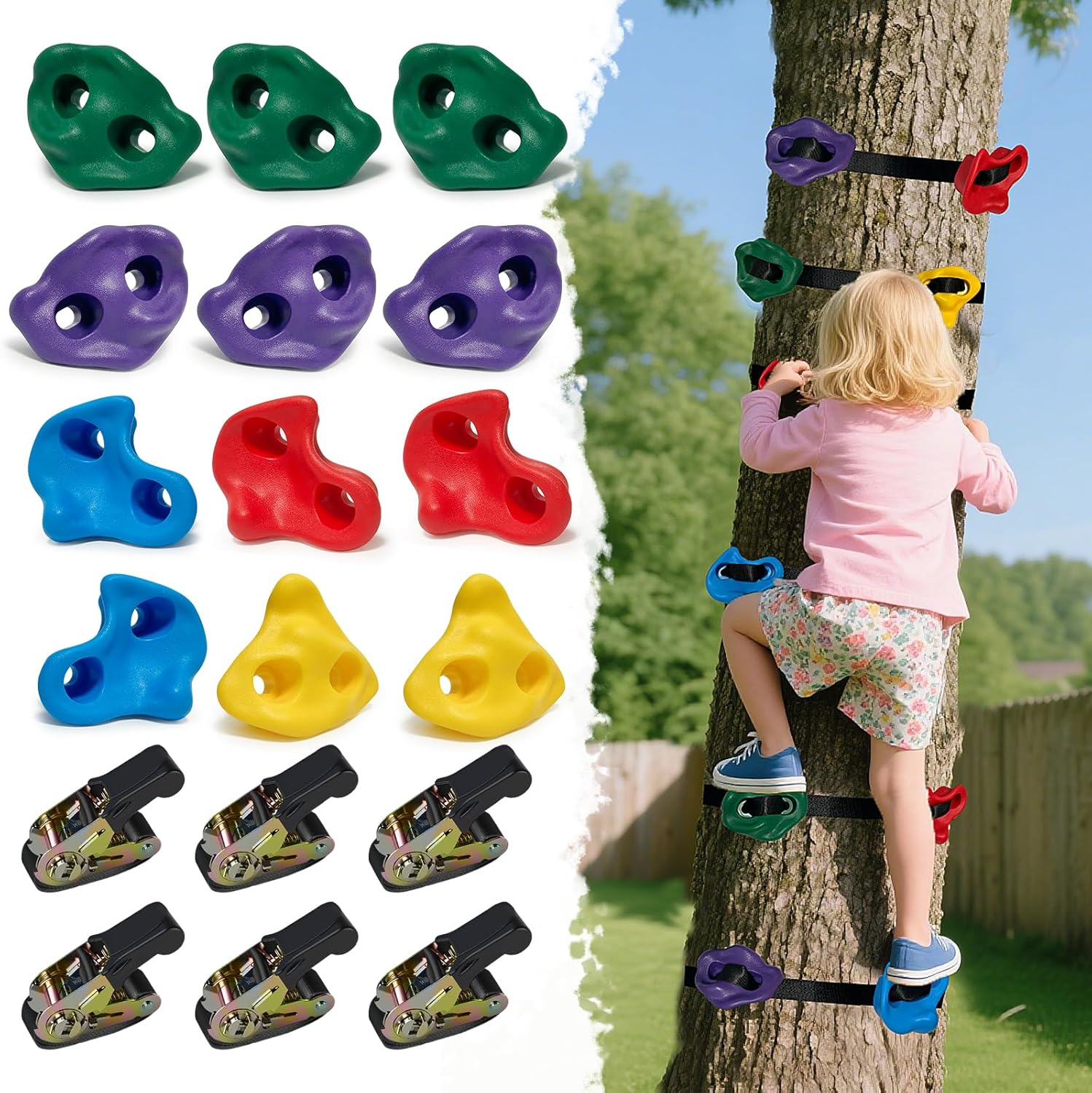 12 PCS Large Tree Climbing Holds for Kids, Adult Rock Wall Holds Grips Ninja Tree Climbing Holds for Indoor and Outdoor Playground Play Set with 6 Ratchet Straps