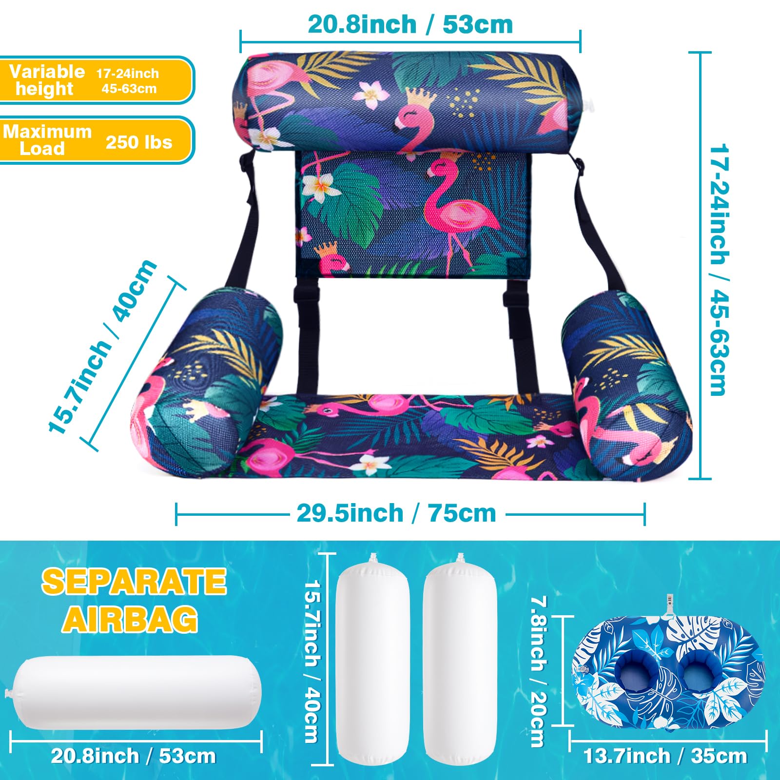 WERNNSAI Lot de 2 flotteurs de piscine gonflables pour adultes - En tissu avec porte-gobelets - Hamac d'eau réglable pour piscine, plage, lac, fête d'été