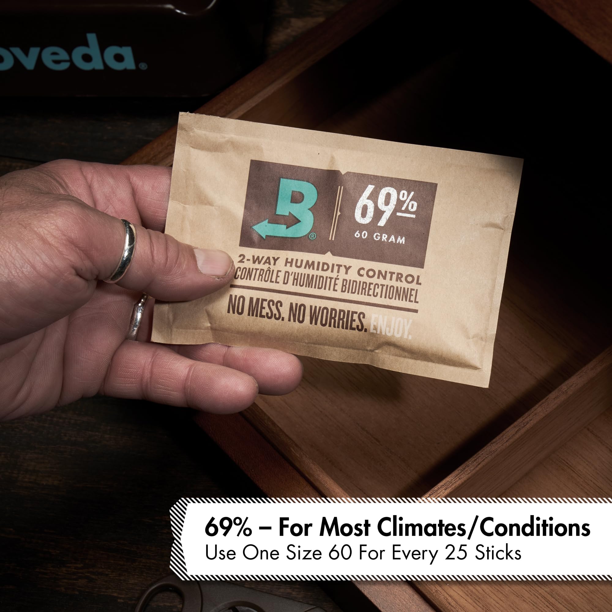 Boveda per sigari/tabacco | regolatore di umidità a 2 vie UR 69% | Formato 60 per uso ogni 25 sigari all'interno dell'humidor | Tecnologia brevettata per humidor per sigari | 4 pezzi