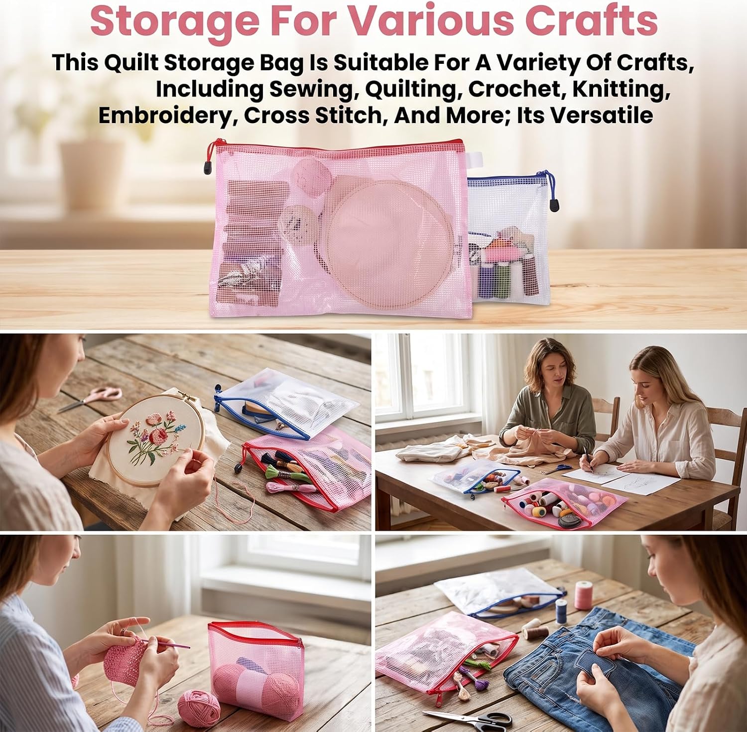 Snuviax 2 Pack Pink Needlepoint Project Bag Set, Clear Mesh Zipper Pouch
