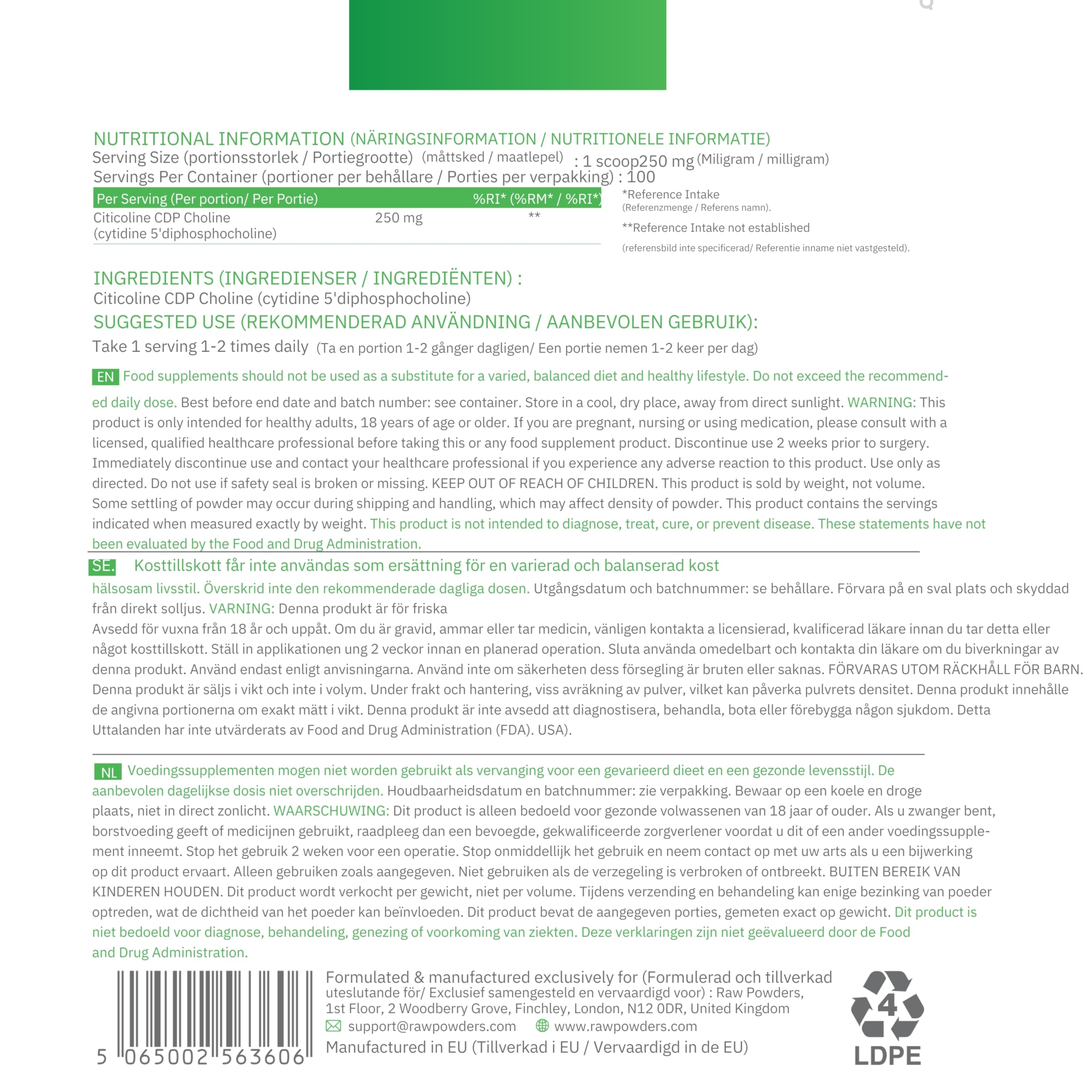 Citicoline CDP-Choline Powder 25g – Unterstützung für kognitive Funktion & Gedächtnis – Reine Zutaten, GMO- & Glutenfrei von Raw Powders