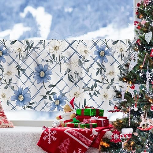 Miniatura 7 de Hghuooho Cortina de flores silvestres con flores blancas y florales azules, cenefa para ventana, bolsillo para barra, cortina pequeña abstracta para