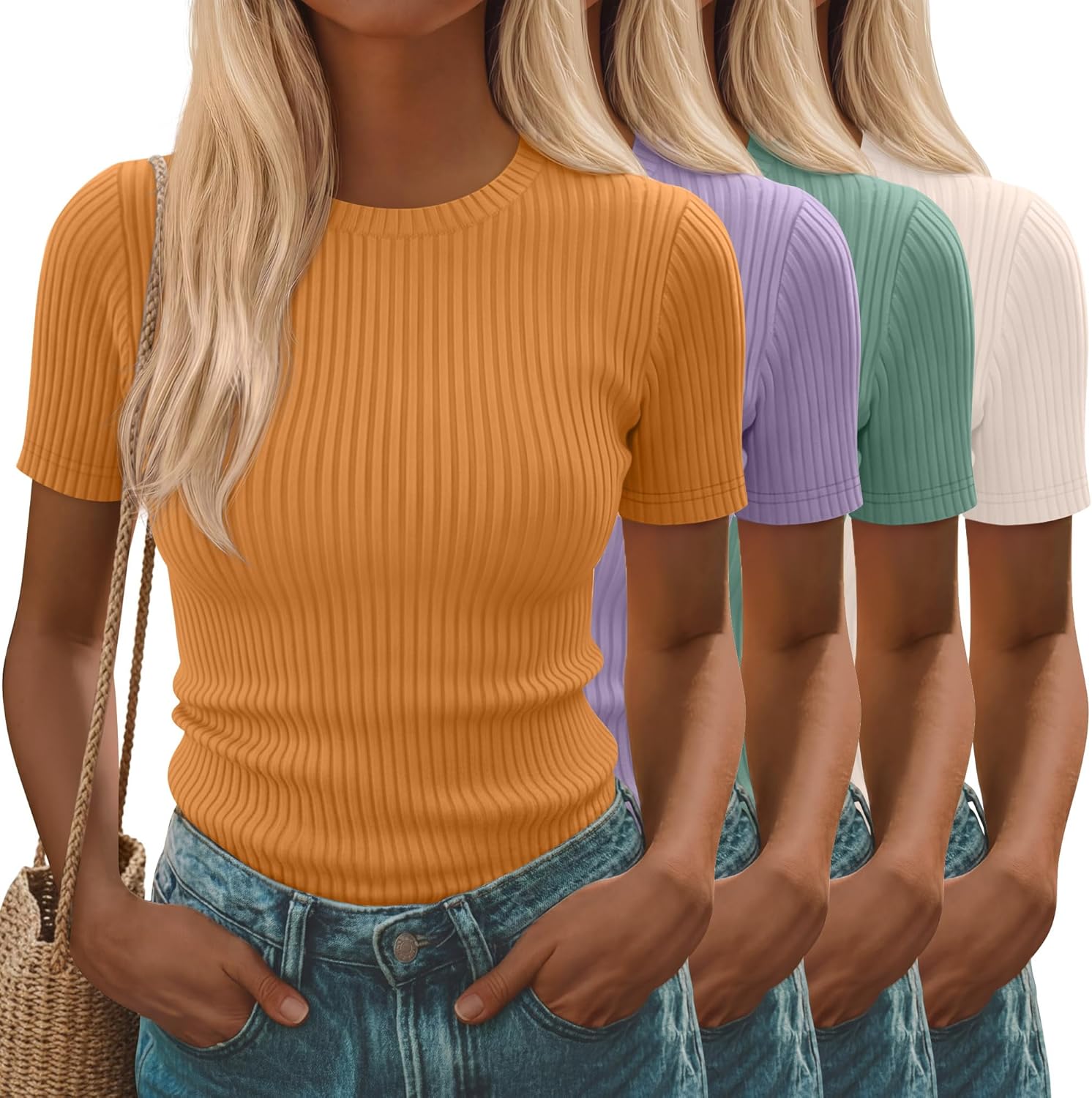 Neer 4 Pack Women’s Ribbed T-Shirts Cotton Short Sleeve Fitted Basic Tops Crew Neck Casual Shirts Summer Trendy Tees 2026