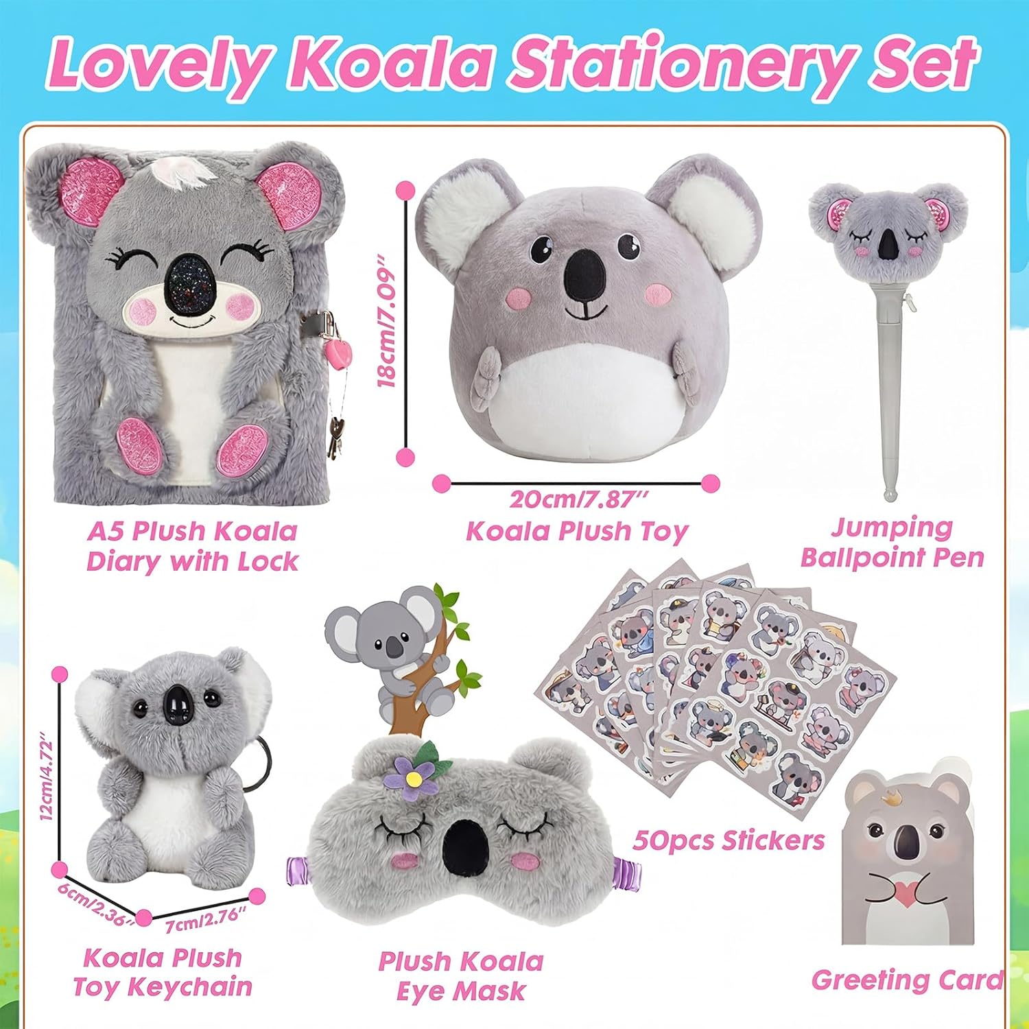 Koala Gifts for Girls, Kids Koala Plush Toys Set with Pillow, Secret Diary, Ballpoint Pen, Eye Mask, Stickers, Birthday Gifts for Little Girls Age 5 6 7 8 9 10-12 Years Old