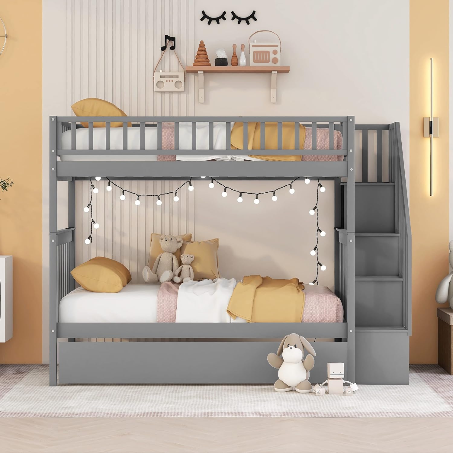 Harper & Bright Designs Wood Bunk Bed with Trundle and Staircase, Twin Over Twin Bunk Beds Frame with Storage Shelf, Safety Rail for Kids Teens, Can be Separated into 2 Beds (Twin Over Twin, Grey)