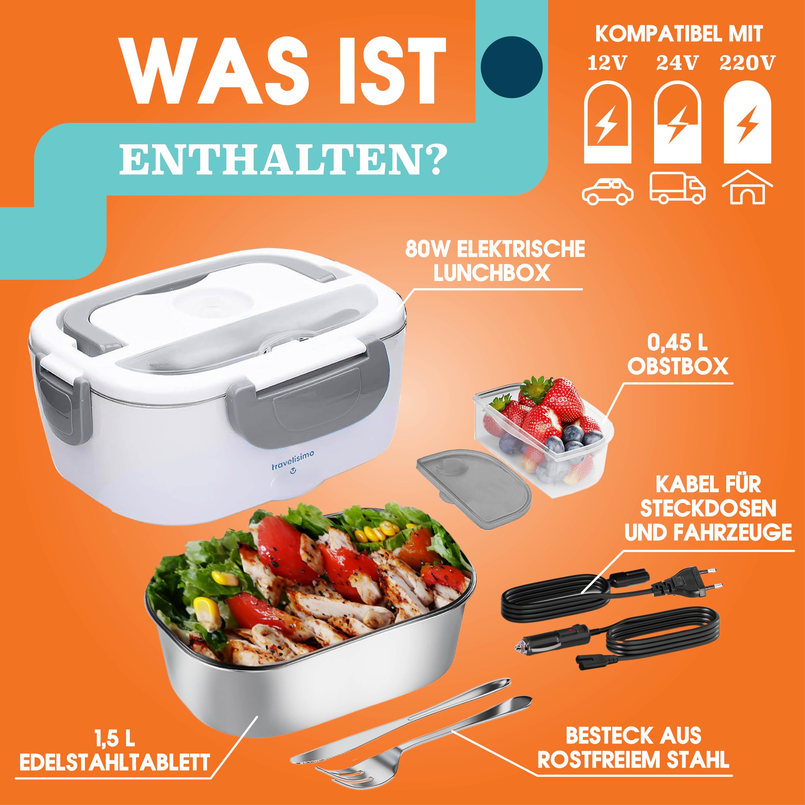 Elektrische Lunchbox 1,5L – 80W, Warmes Essen Unterwegs Mit 12V/24V/220V, Inkl. Isoliertasche & Besteck