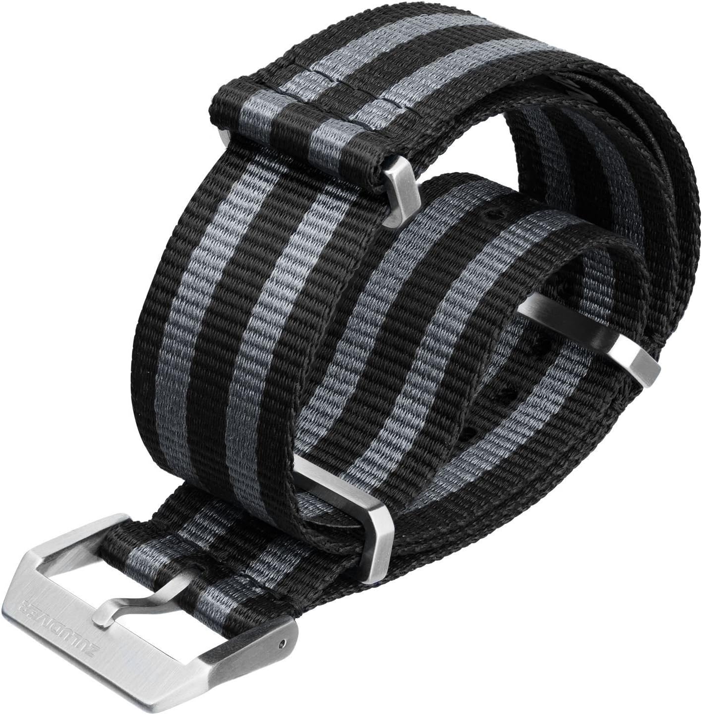 Swiss Style Nylon NATO Watch Strap, with Premium Metal Hardware, Black/Grey 5-Stripes by ZULUDIVER®, 20mm