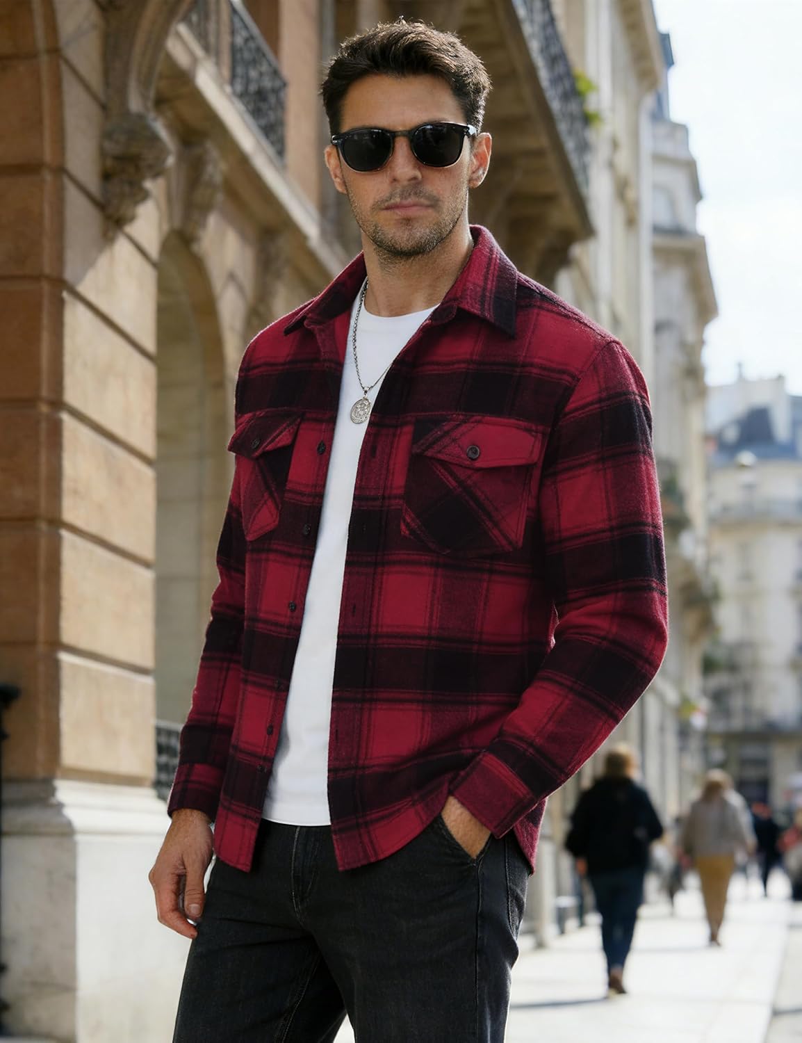 MAGCOMSEN Men's Flannel Shirt Long Sleeve Button Down Plaid Shirts Lightweight Casual Stylish Shirt Jacket with Pockets