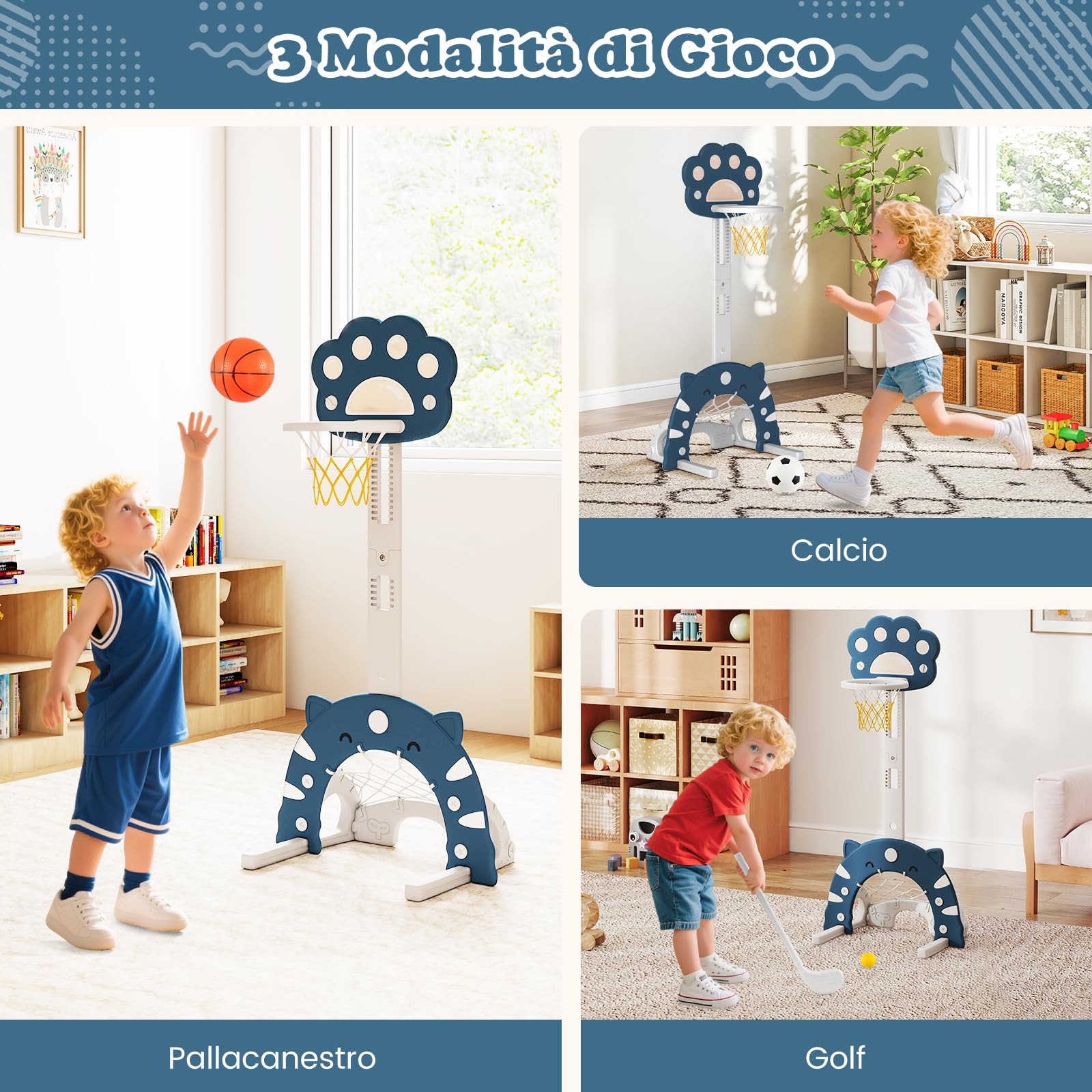 RELAX4LIFE Canestro da Basket 3 in 1 Regolabile in Altezza per Bambini, Pieghevole e Smontabile con Giochi di Calcio e Golf, Centro Sportivo per Bambini dai 3 Anni in Su (BLU)
