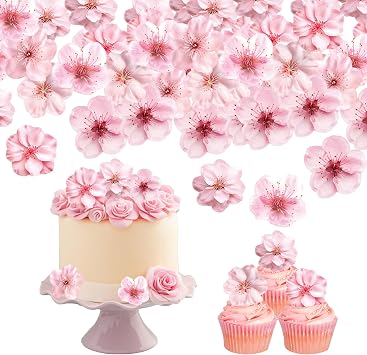 48 PCS Edible Cherry Blossoms Cupcake Toppers Wafer Paper Flowers Cupcake Topper for Wedding Themed Party Baby Shower Kids Birthday Party Decorations Supplies