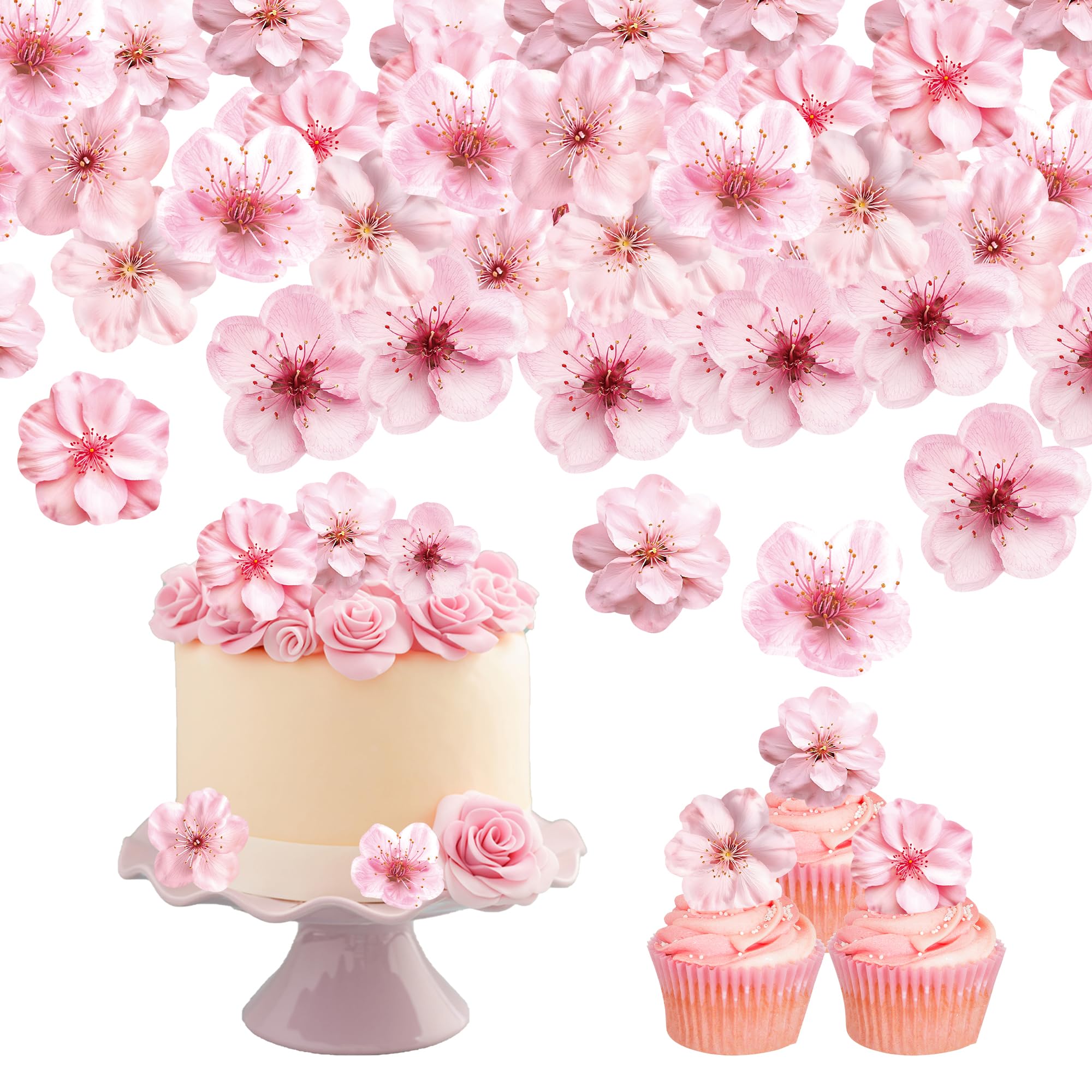 48 PCS Edible Cherry Blossoms Cupcake Toppers Wafer Paper Flowers Cupcake Topper for Wedding Themed Party Baby Shower Kids Birthday Party Decorations