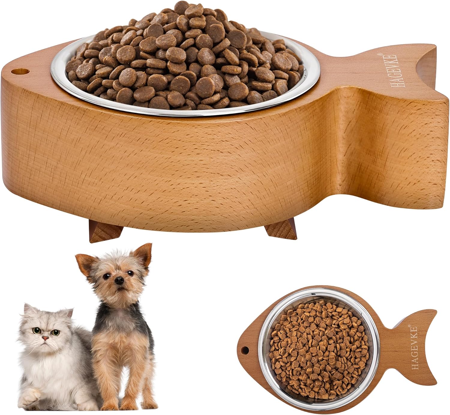 Solid Wood Elevated Cat Dog Food Bowl with Removable Stainless Steel Insert, Premium Fish Shaped Design and Waterproof Natural Wood Base, Large Size for Cats and Small Dogs