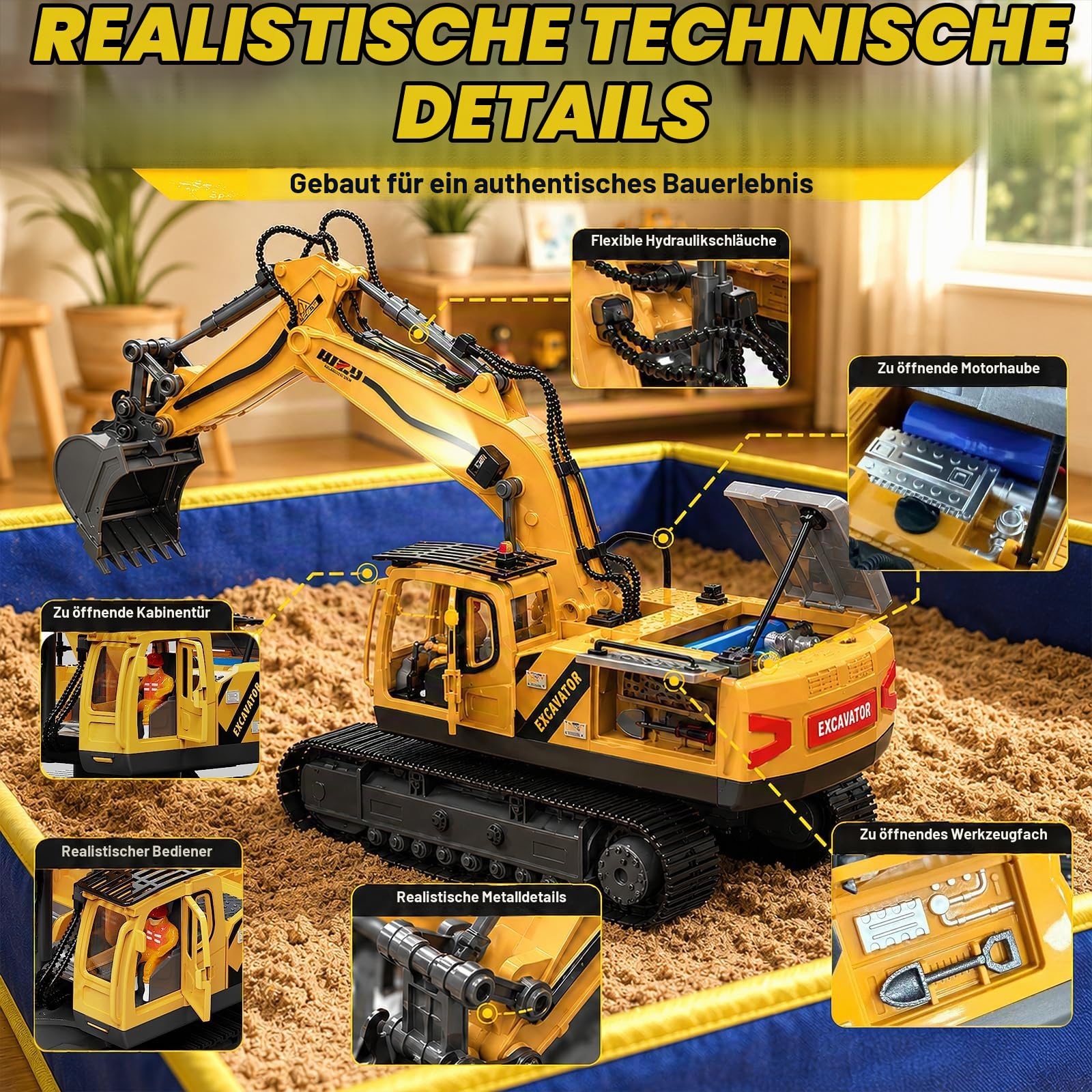 YESHIN RC Bagger, 15-Kanal Ferngesteuerter Metall Bagger mit Sandkasten Kasten & Modelliersand, Realistischer Kettenbagger mit Legierungsschaufel, Bagger Spielzeug Set Geschenk für Kinder ab 3 Jahren
