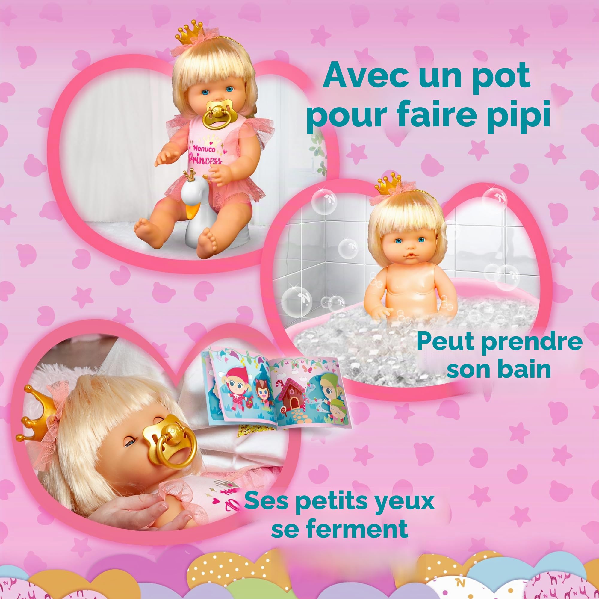 Nenuco - Princesse, poupée bébé aux Cheveux blonds, 42 cm, Portant des vêtements de Princesse et Une Couronne, 11 Fonctions et 10 Accessoires de Soin et Nourriture de Jeu, +2 Ans