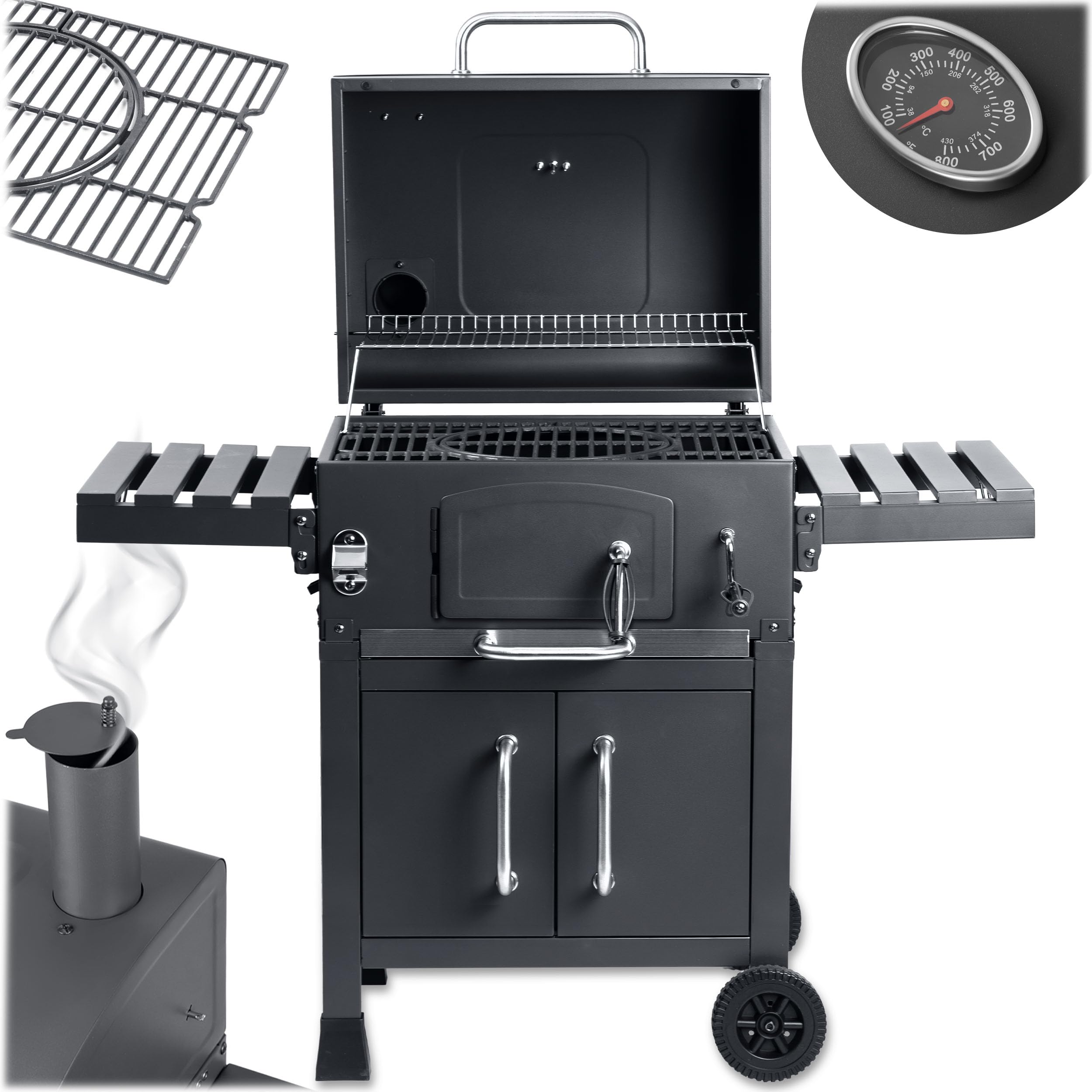 Berdsen Grill Węglowy Ogrodowy BBQChef z Kominem i Żeliwnym Rusztem 41,5 x 57 cm - Regulowane Palenisko, Termometr, Składane Półki, Szafka - Przenośny na Kołach - Antracytowy